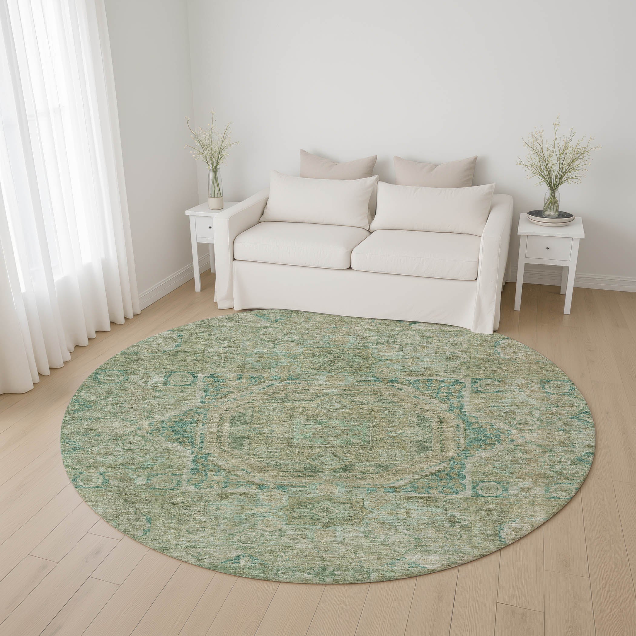 Dublin Machine Washable Traditional Sage Green Rug 8' x 8' #shape_Round