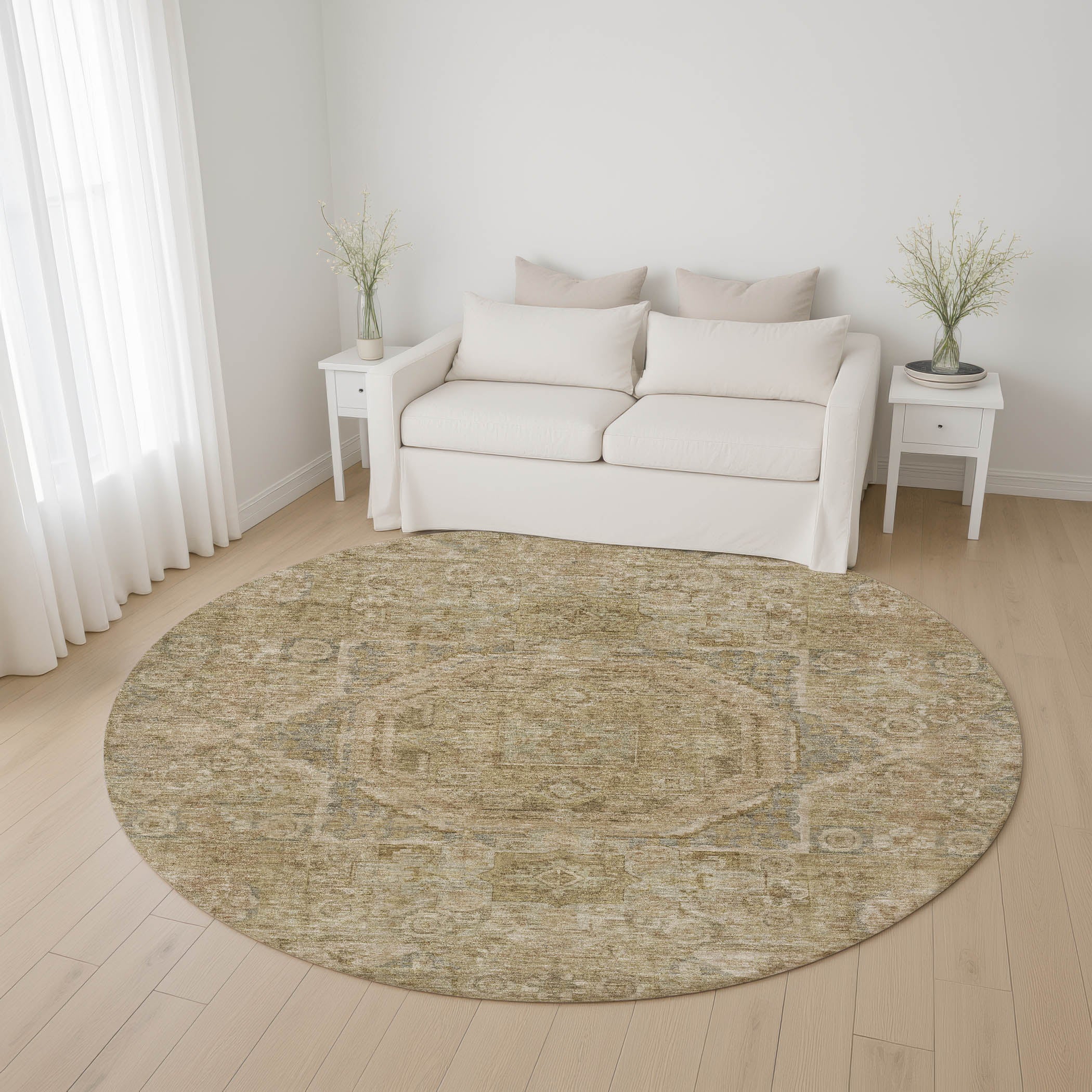 Dublin Machine Washable Traditional Tan Brown Rug 8' x 8' #shape_Round