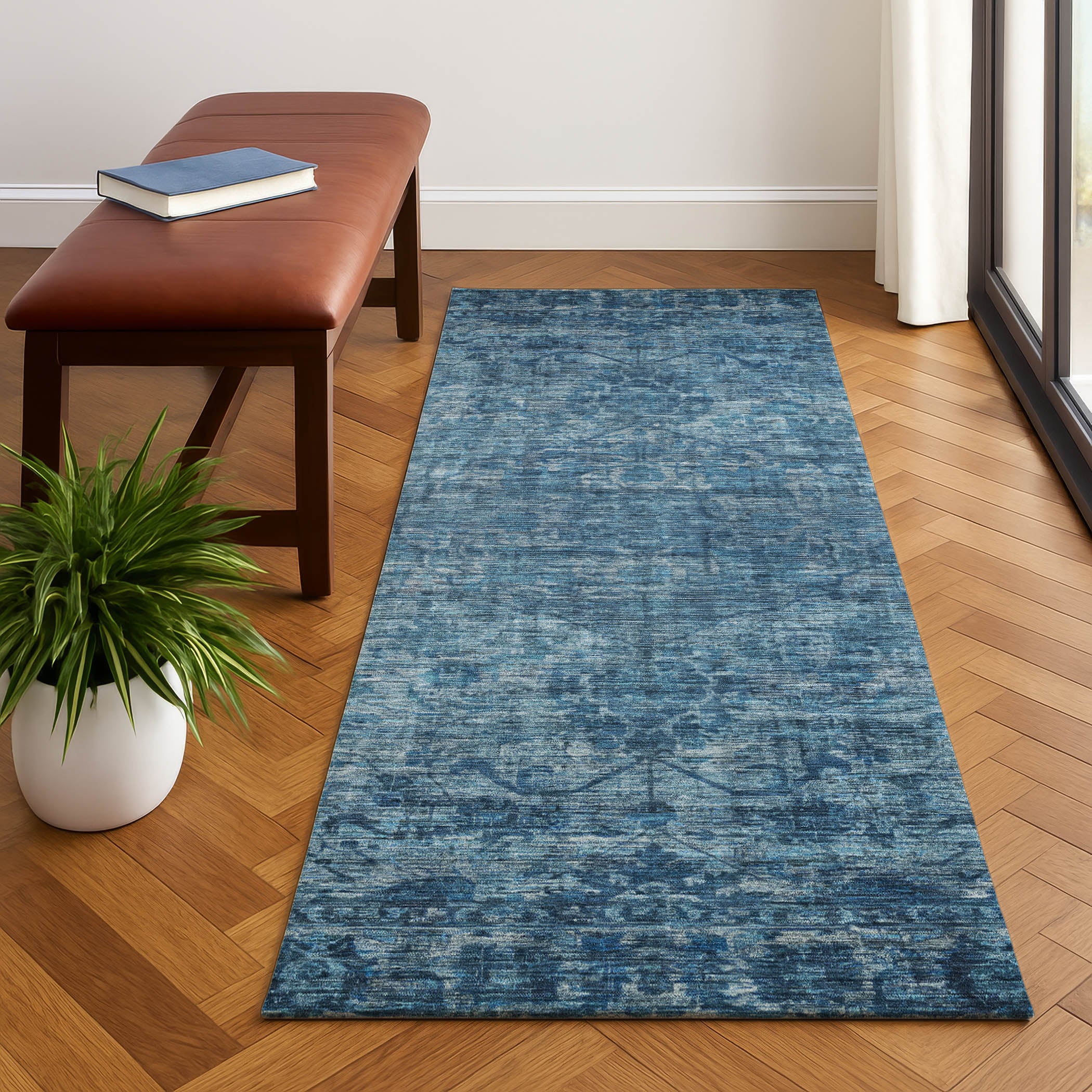 Seoul Machine Washable Traditional Blue Rug 2'3" x 7'6" #shape_Runner