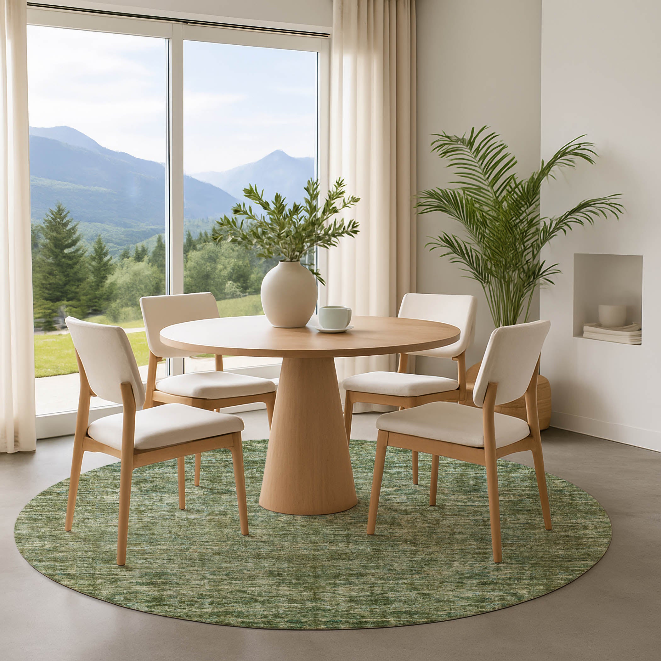 Seoul Machine Washable Traditional Olive Green Rug 8' x 8' #shape_Round