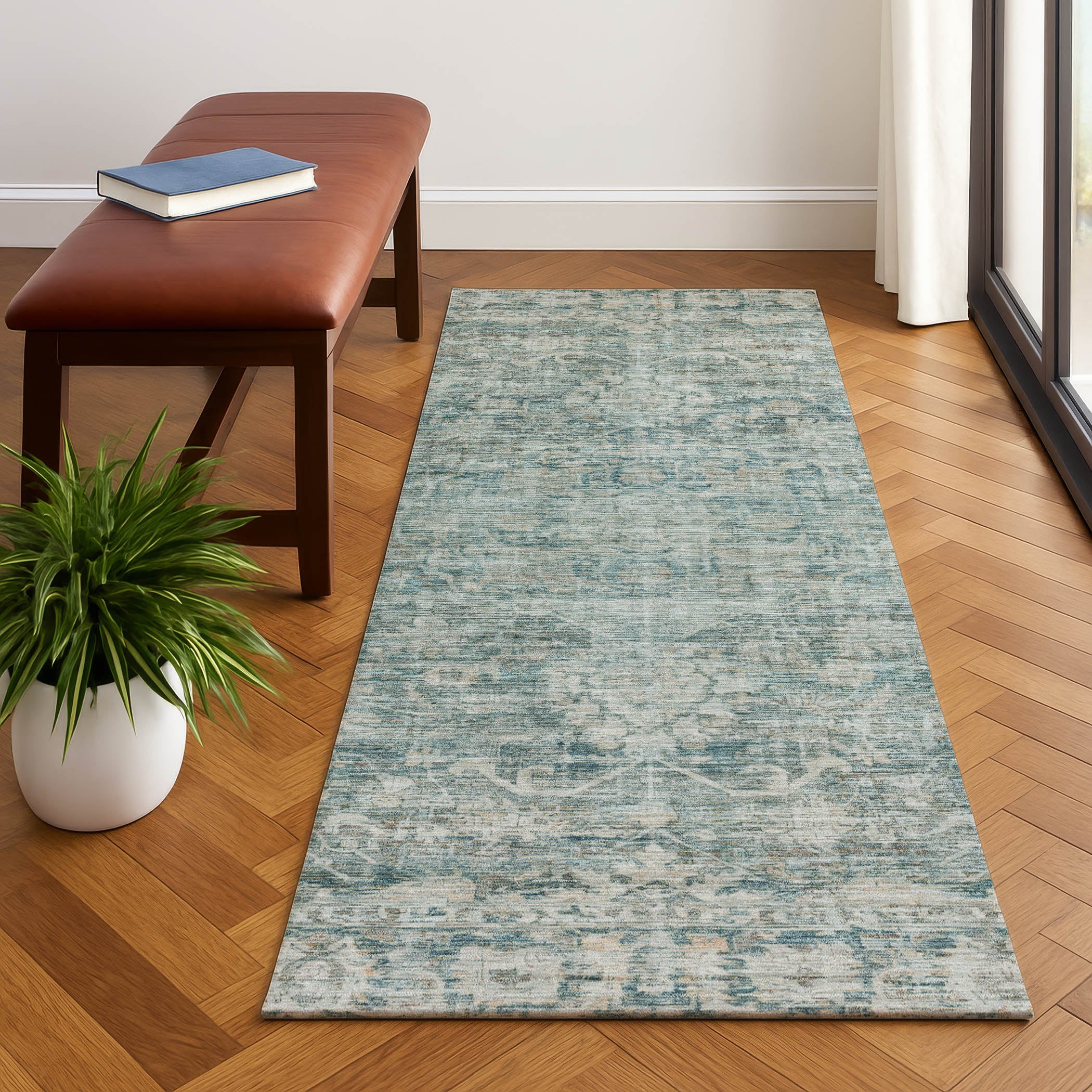 Seoul Machine Washable Traditional Teal Rug 2'3" x 7'6" #shape_Runner