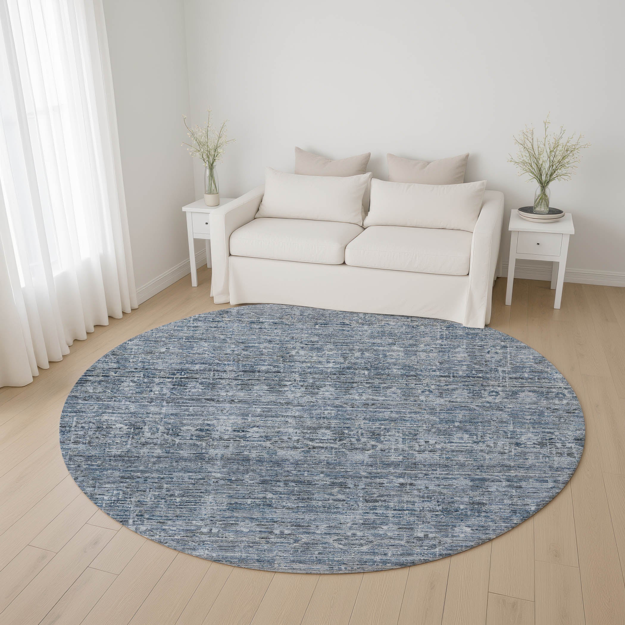Seville Machine Washable Transitional Blue Rug 8' x 8' #shape_Round