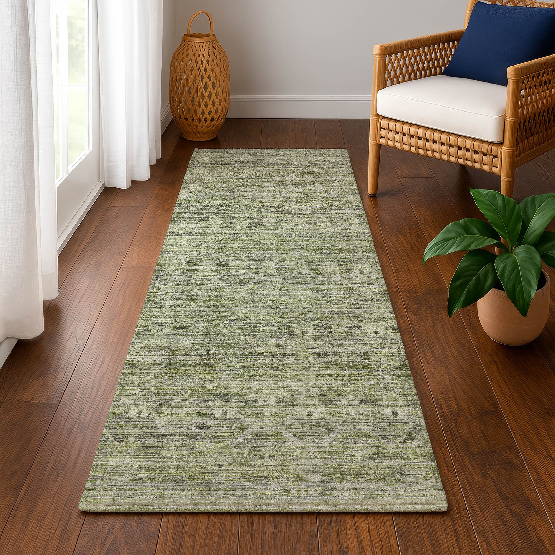 Seville Machine Washable Transitional Green Rug 2'3" x 7'6" #shape_Runner