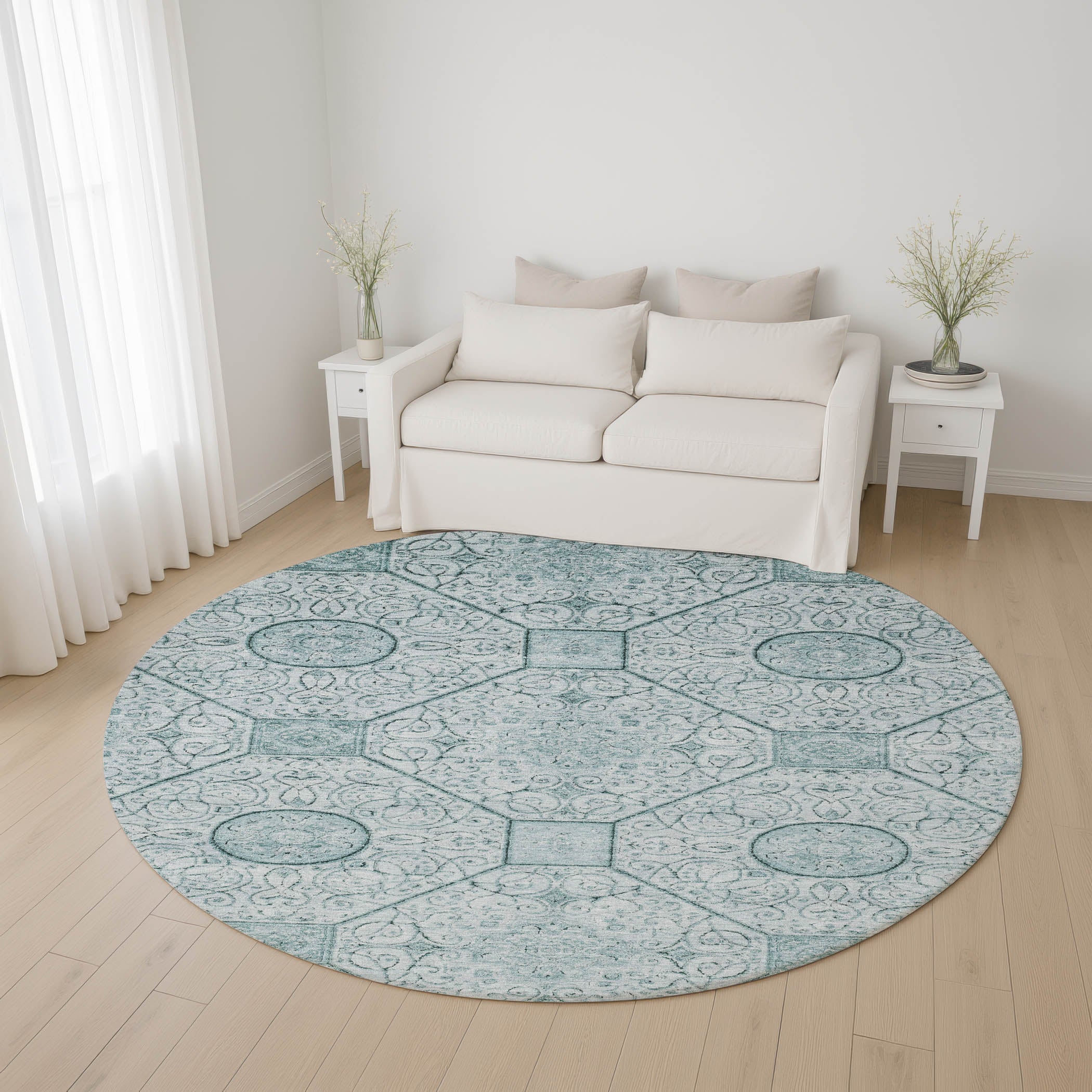 Bruges Machine Washable Transitional Aqua Teal Rug 8' x 8' #shape_Round