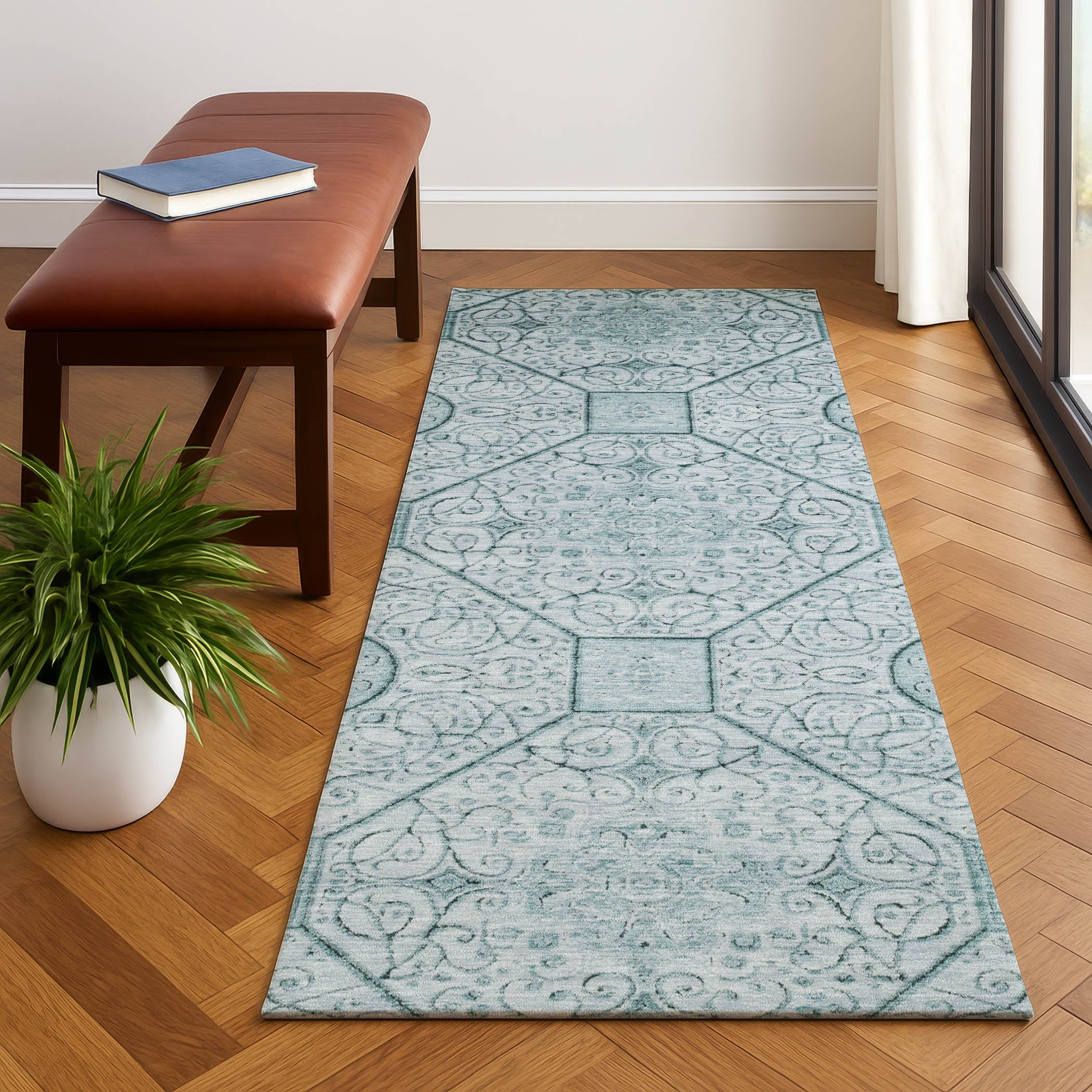 Bruges Machine Washable Transitional Aqua Teal Rug 2'3" x 7'6" #shape_Runner