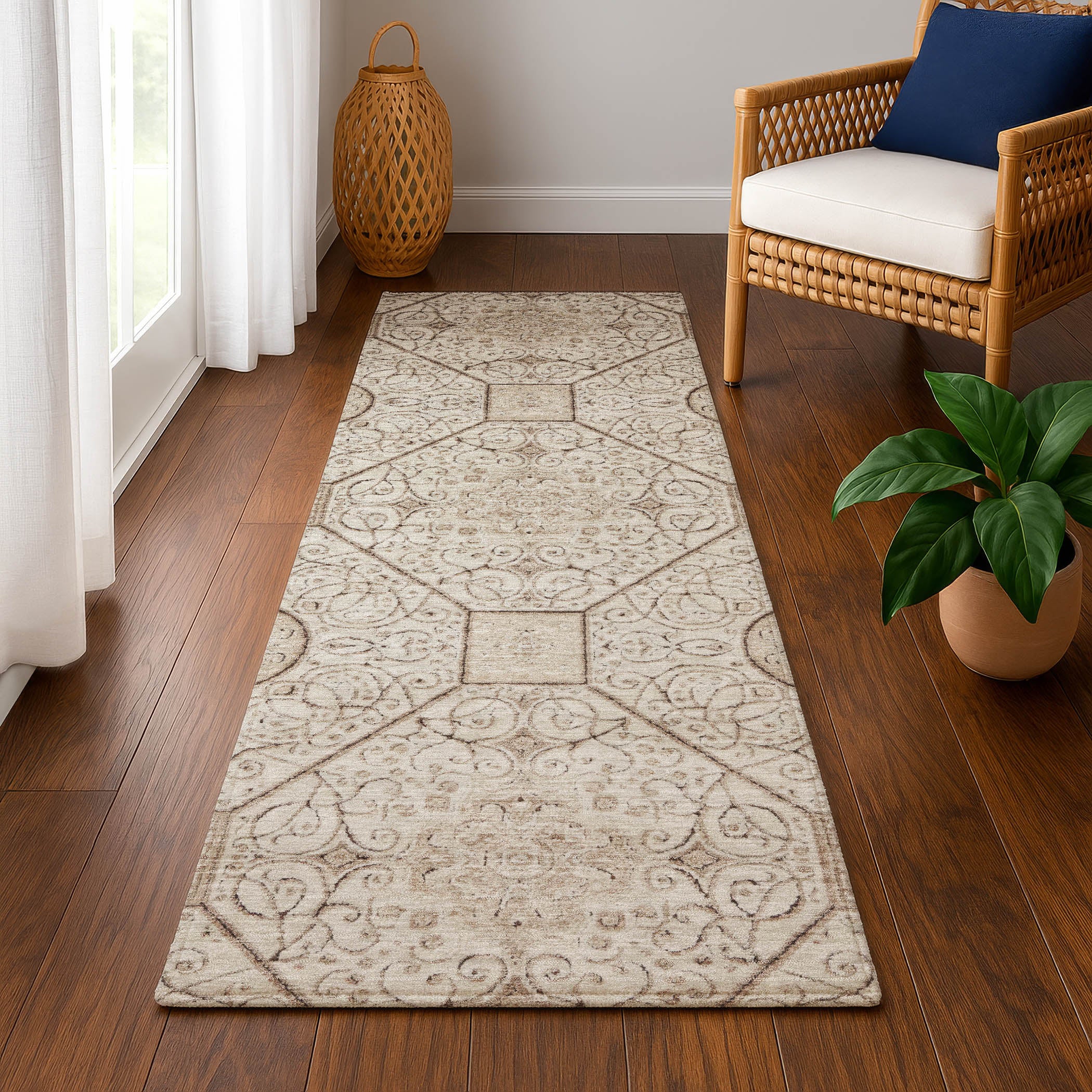 Bruges Machine Washable Transitional Beige Brown Rug 2'3" x 7'6" #shape_Runner