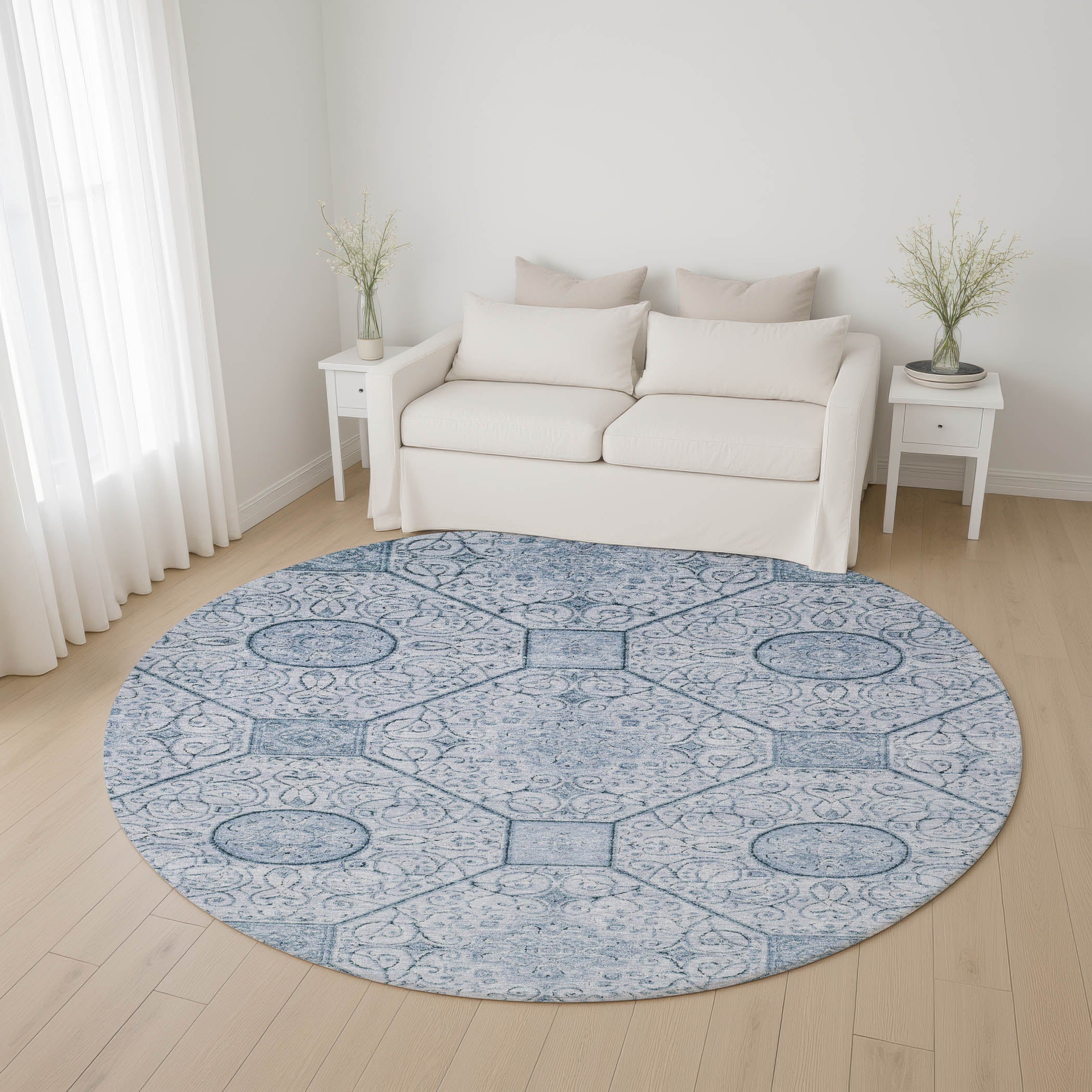 Bruges Machine Washable Transitional Blue Rug 8' x 8' #shape_Round