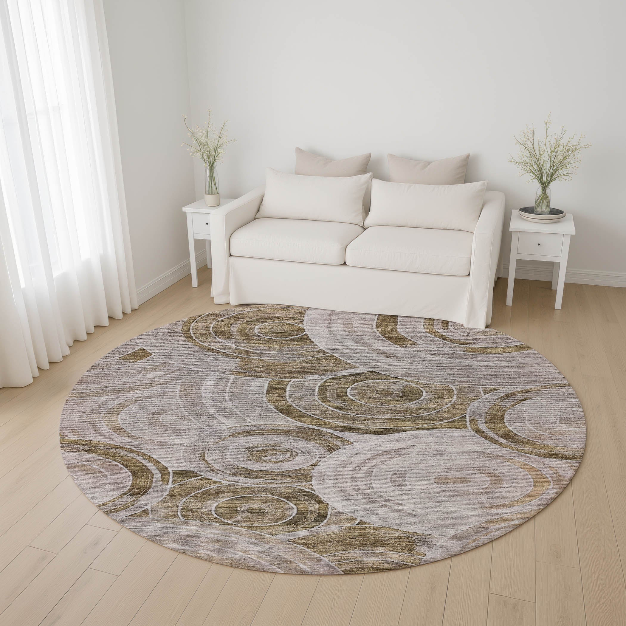 Colombo Machine Washable Transitional Brown Rug 8' x 8' #shape_Round