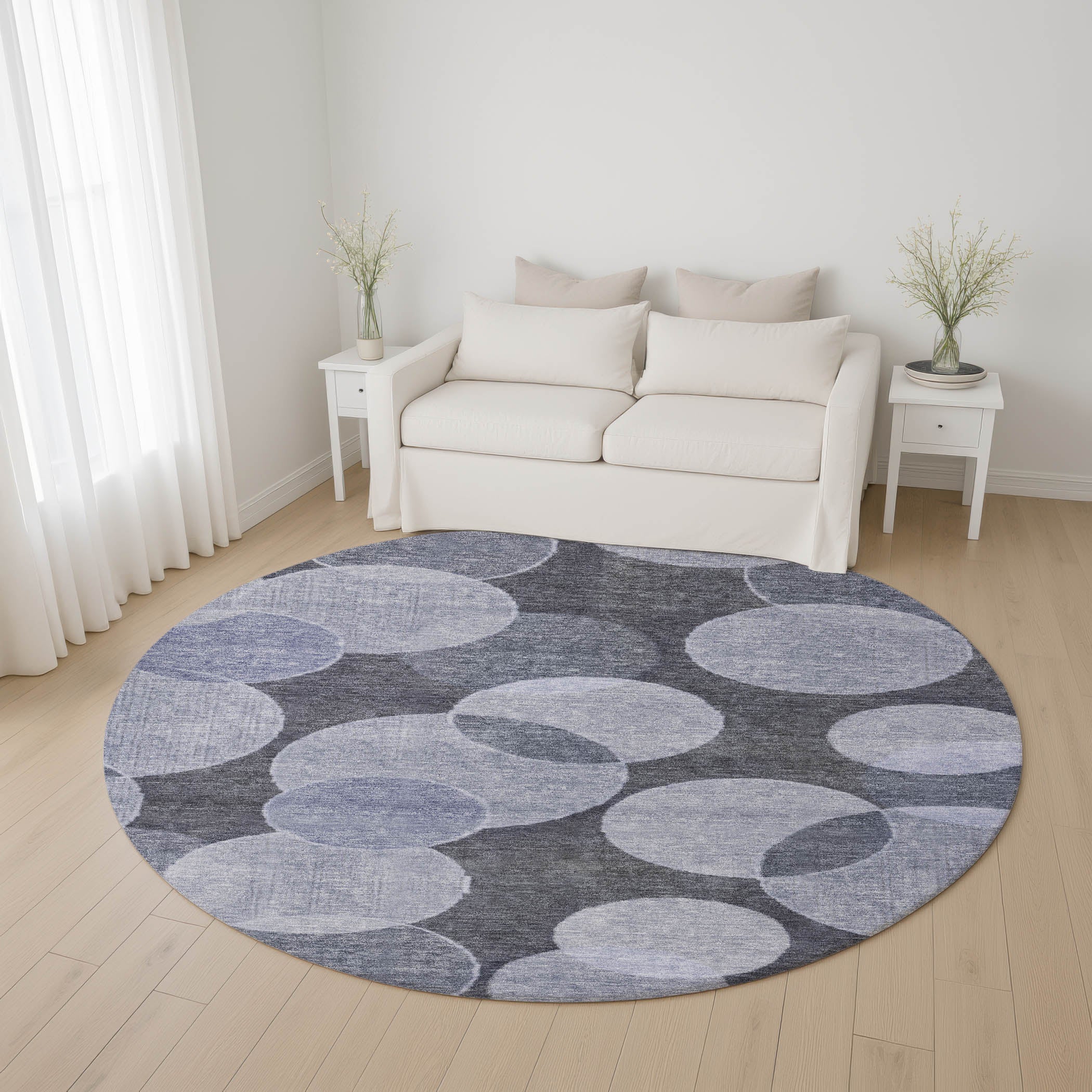 Colombo Machine Washable Transitional Denim Blue Rug 8' x 8' #shape_Round