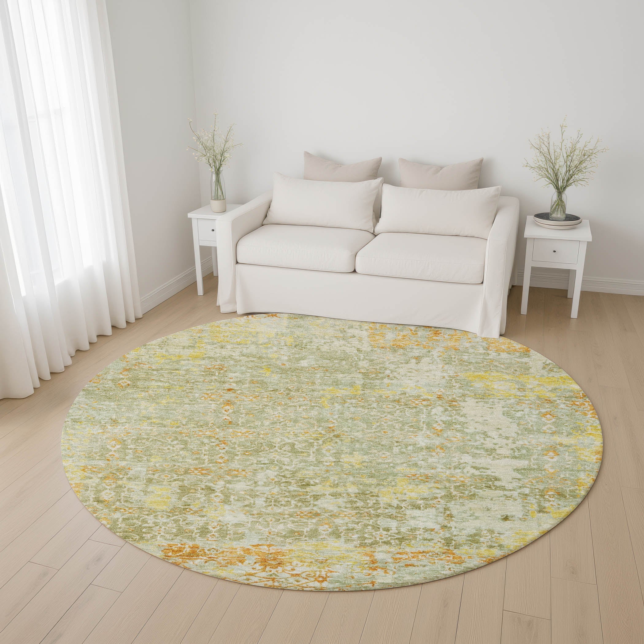 Reykjavik Machine Washable Transitional Sage Green Rug 8' x 8' #shape_Round