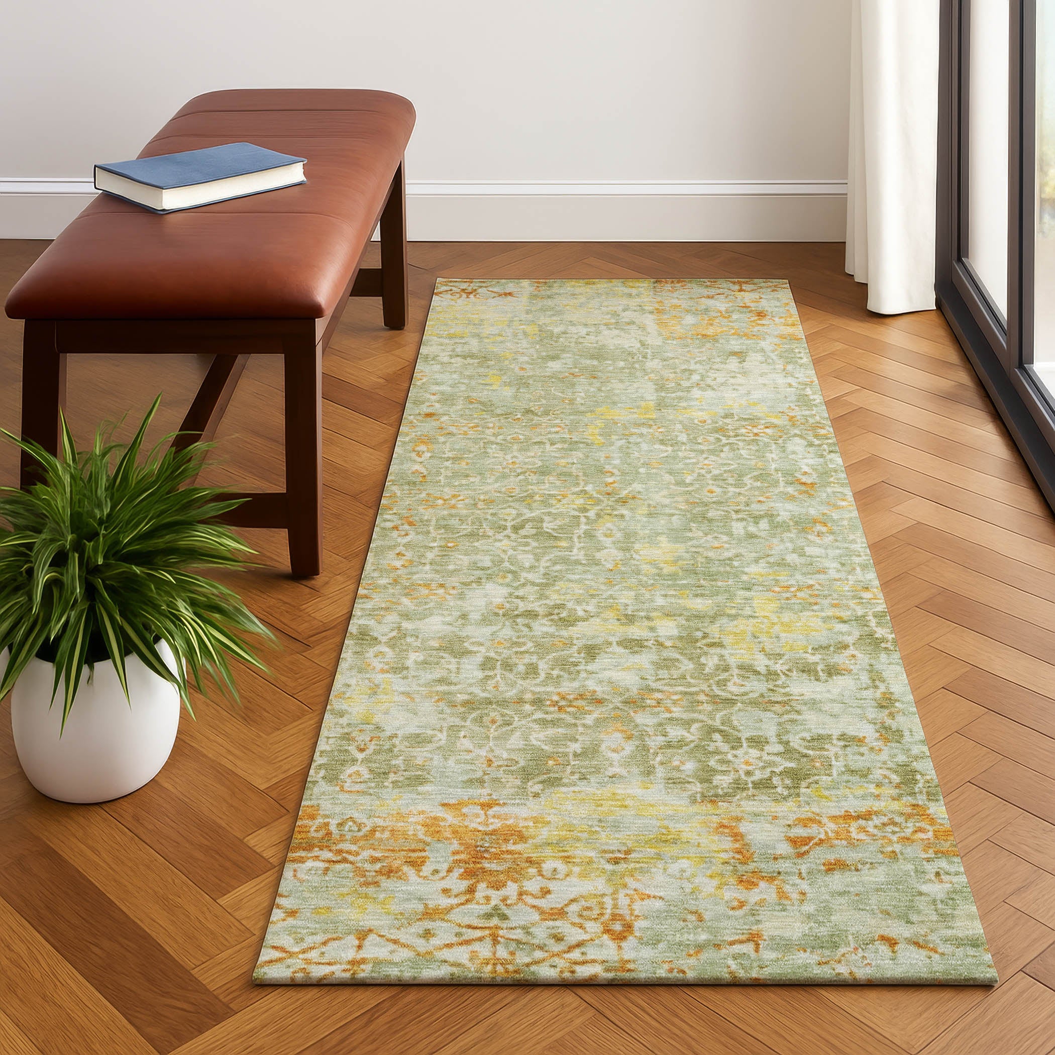 Reykjavik Machine Washable Transitional Sage Green Rug 2'3" x 7'6" #shape_Runner