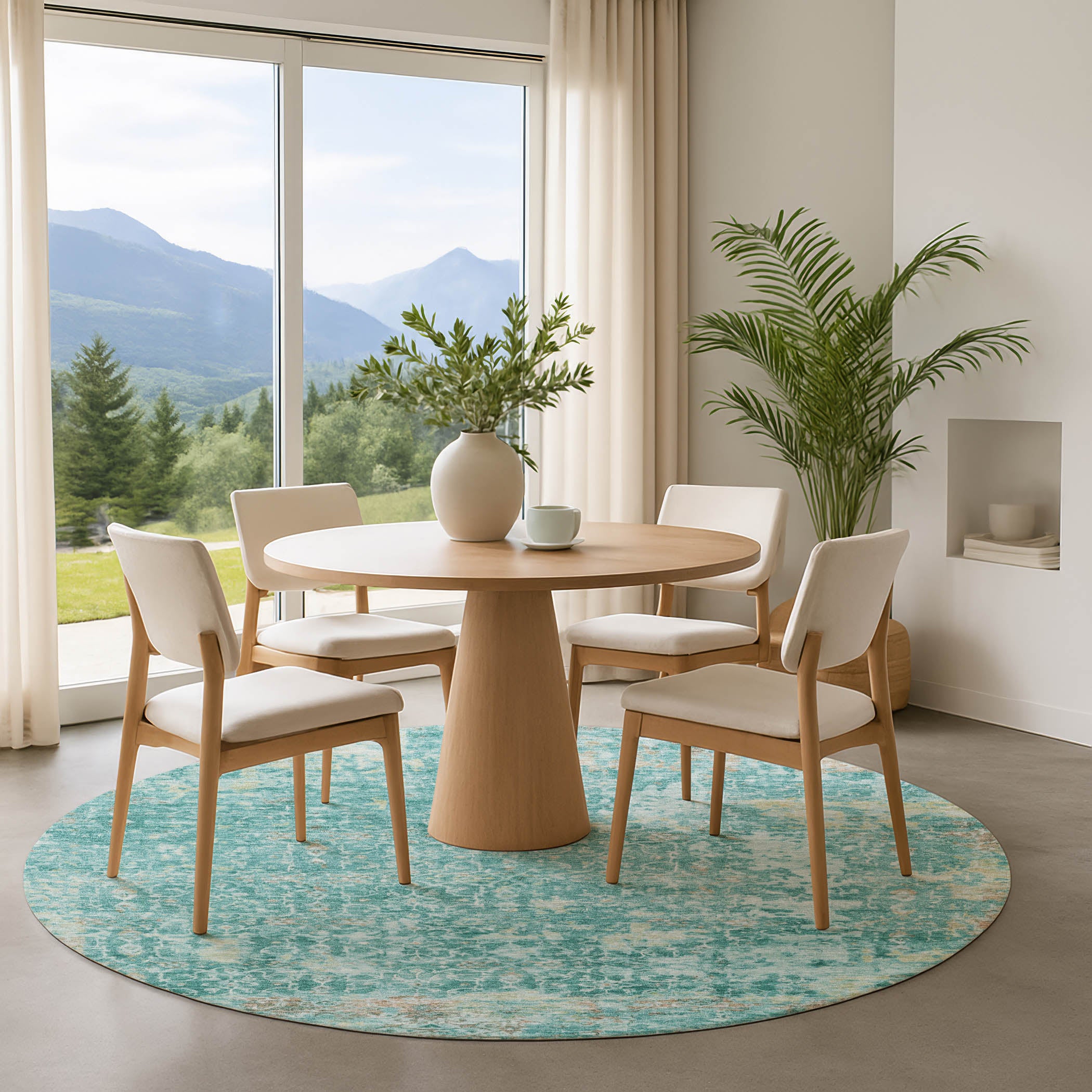 Reykjavik Machine Washable Transitional Teal Rug 8' x 8' #shape_Round