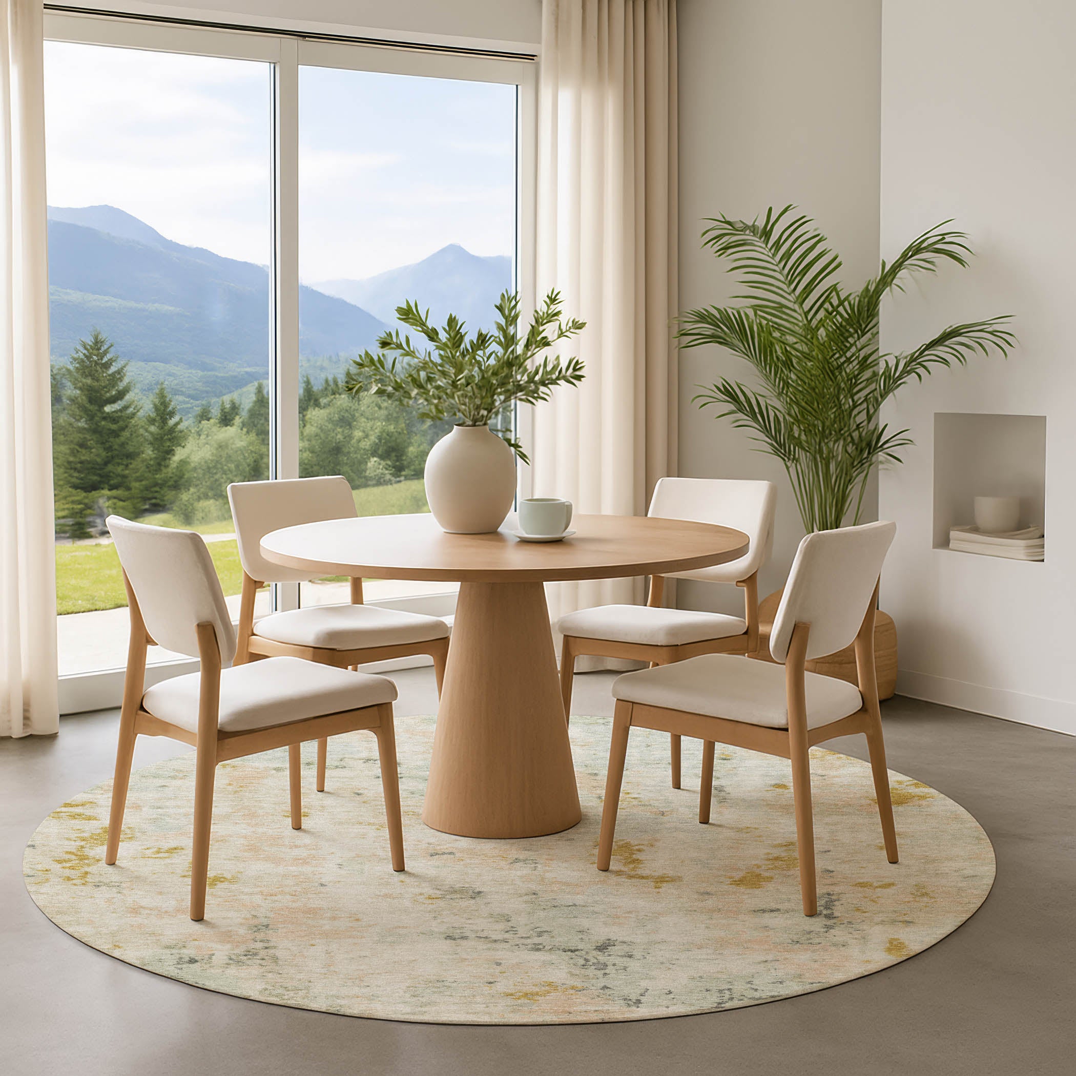 Chiang Mai Machine Washable Transitional Beige Brown Rug 8' x 8' #shape_Round