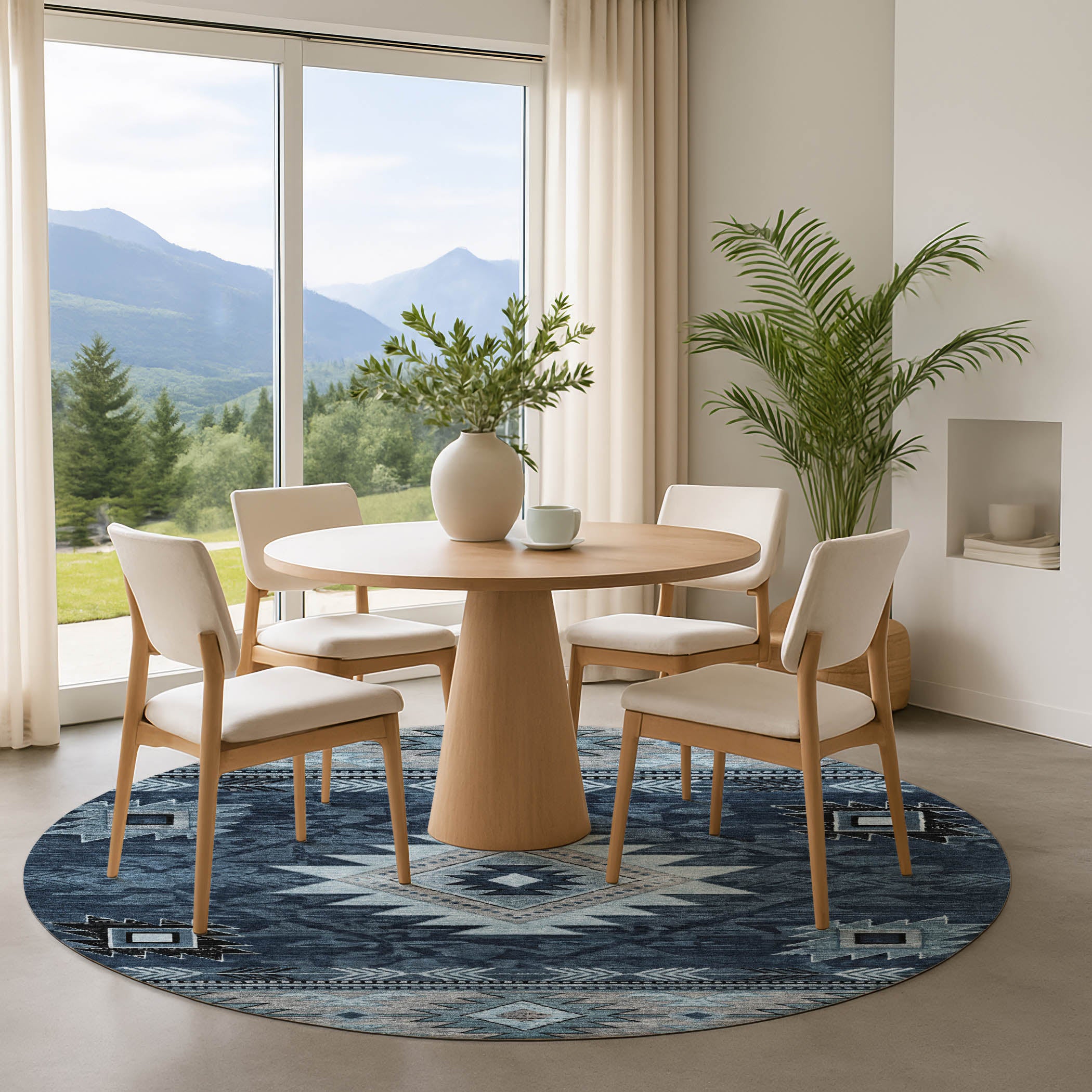 Valletta Machine Washable Transitional Blue Rug 8' x 8' #shape_Round