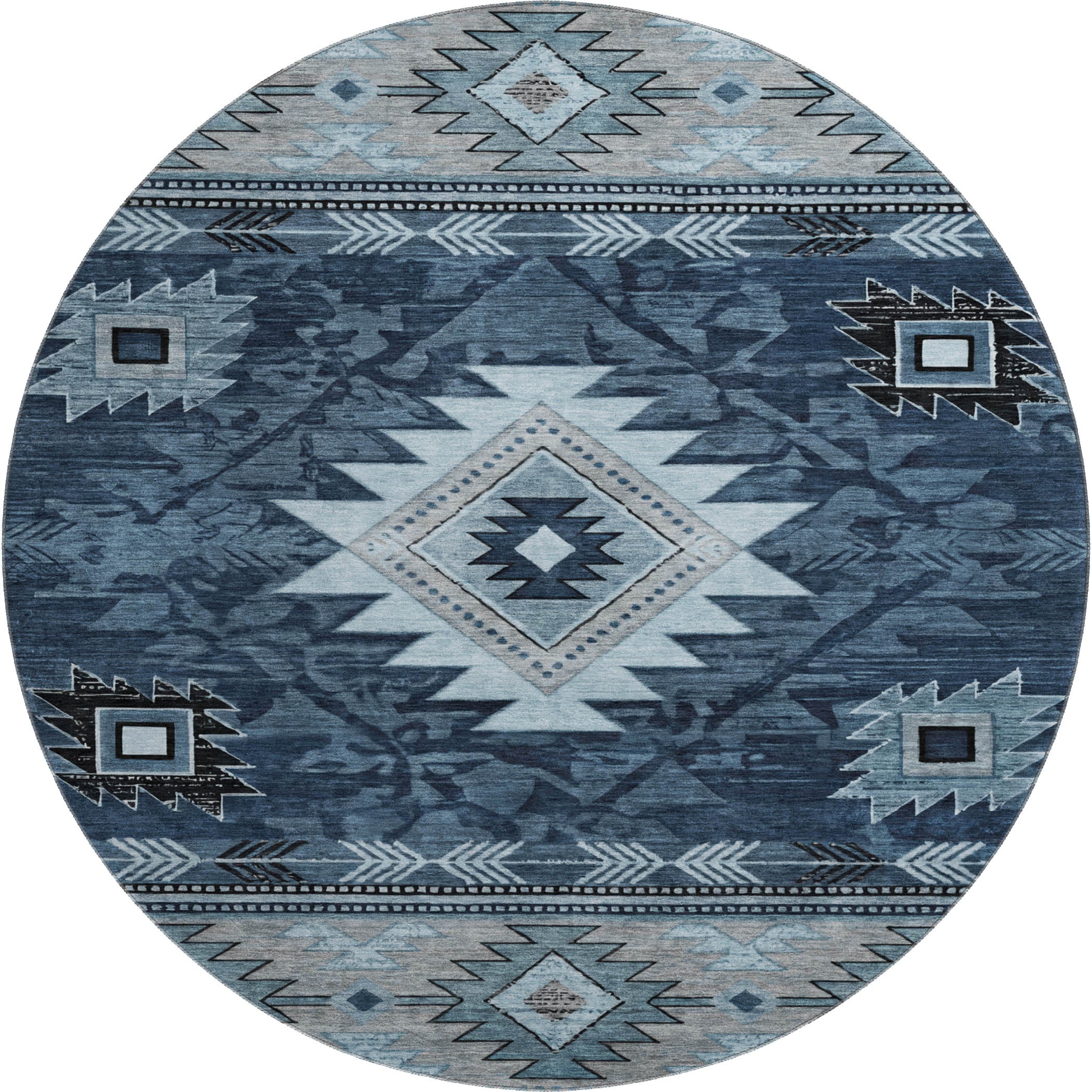 Valletta Machine Washable Transitional Blue Rug 8' x 8' #shape_Round