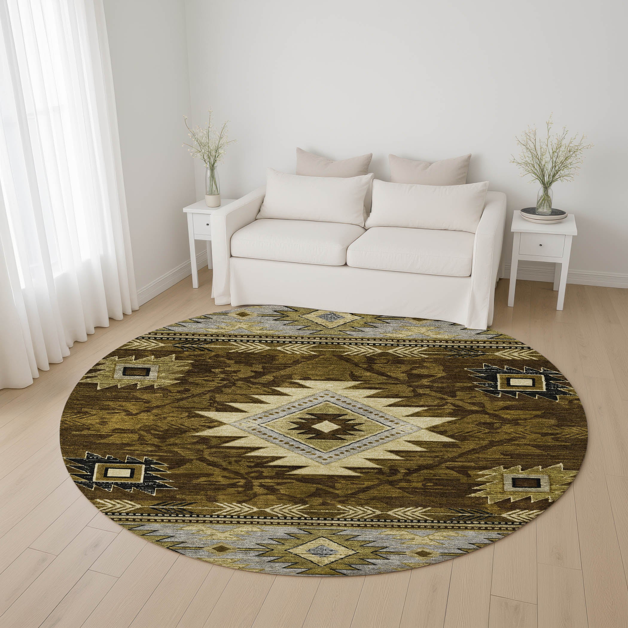 Valletta Machine Washable Transitional Brown Rug 8' x 8' #shape_Round