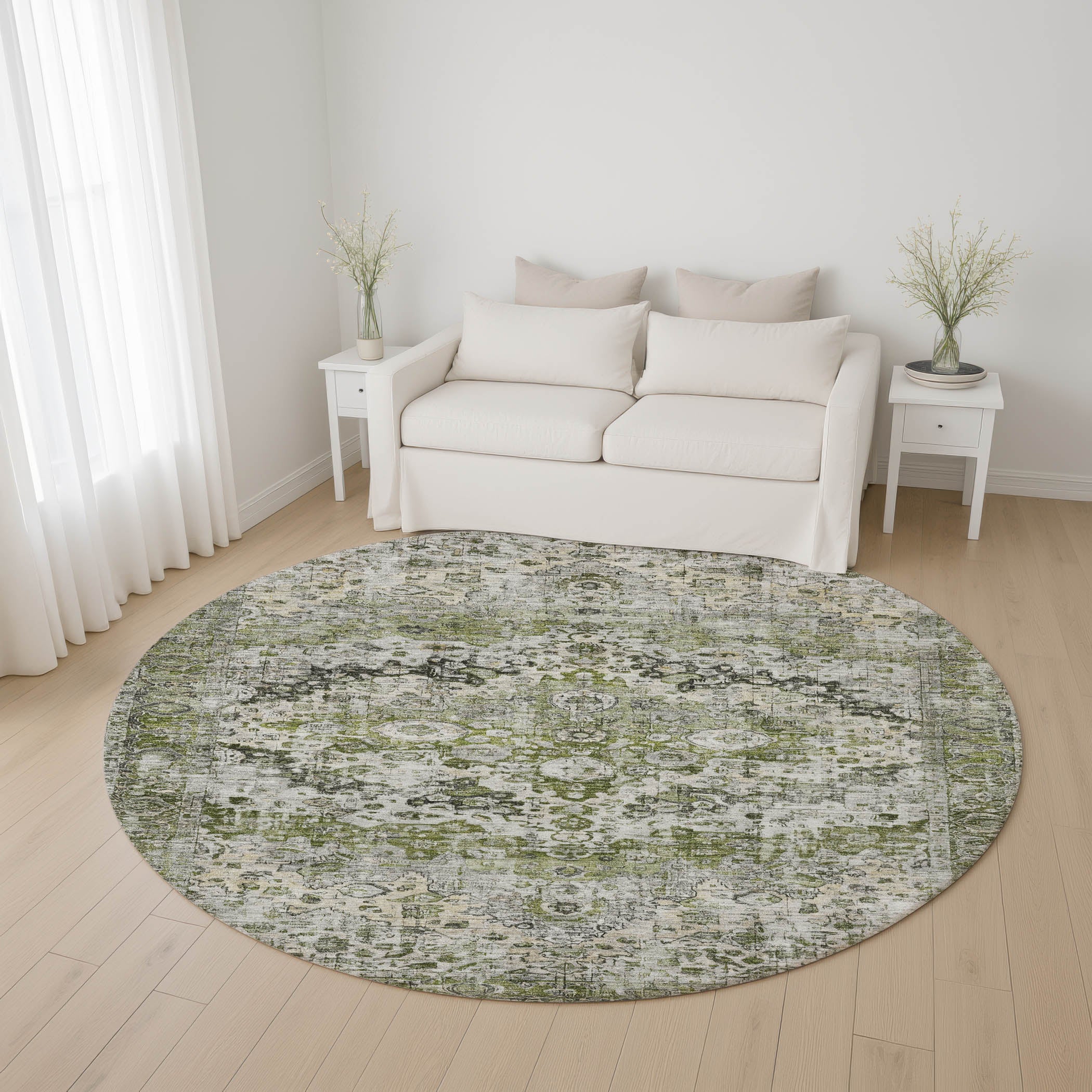 Kotor Machine Washable Traditional Aloe Green Rug 8' x 8' #shape_Round