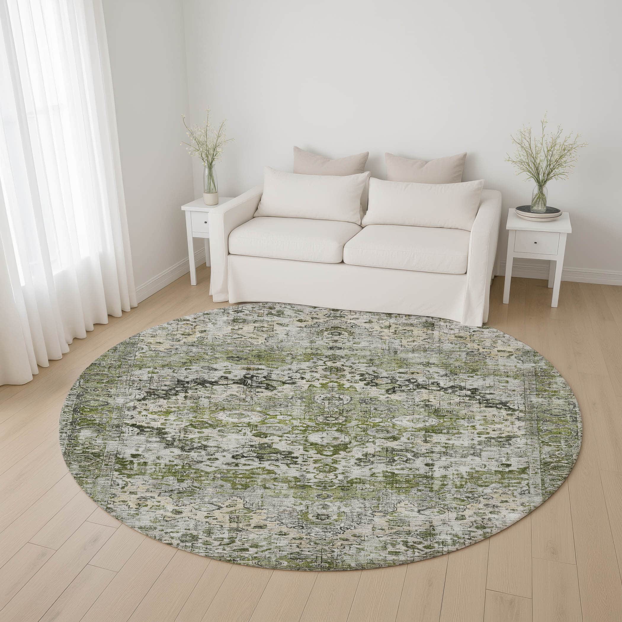 Kotor Machine Washable Traditional Aloe Green Rug 8' x 8' #shape_Round