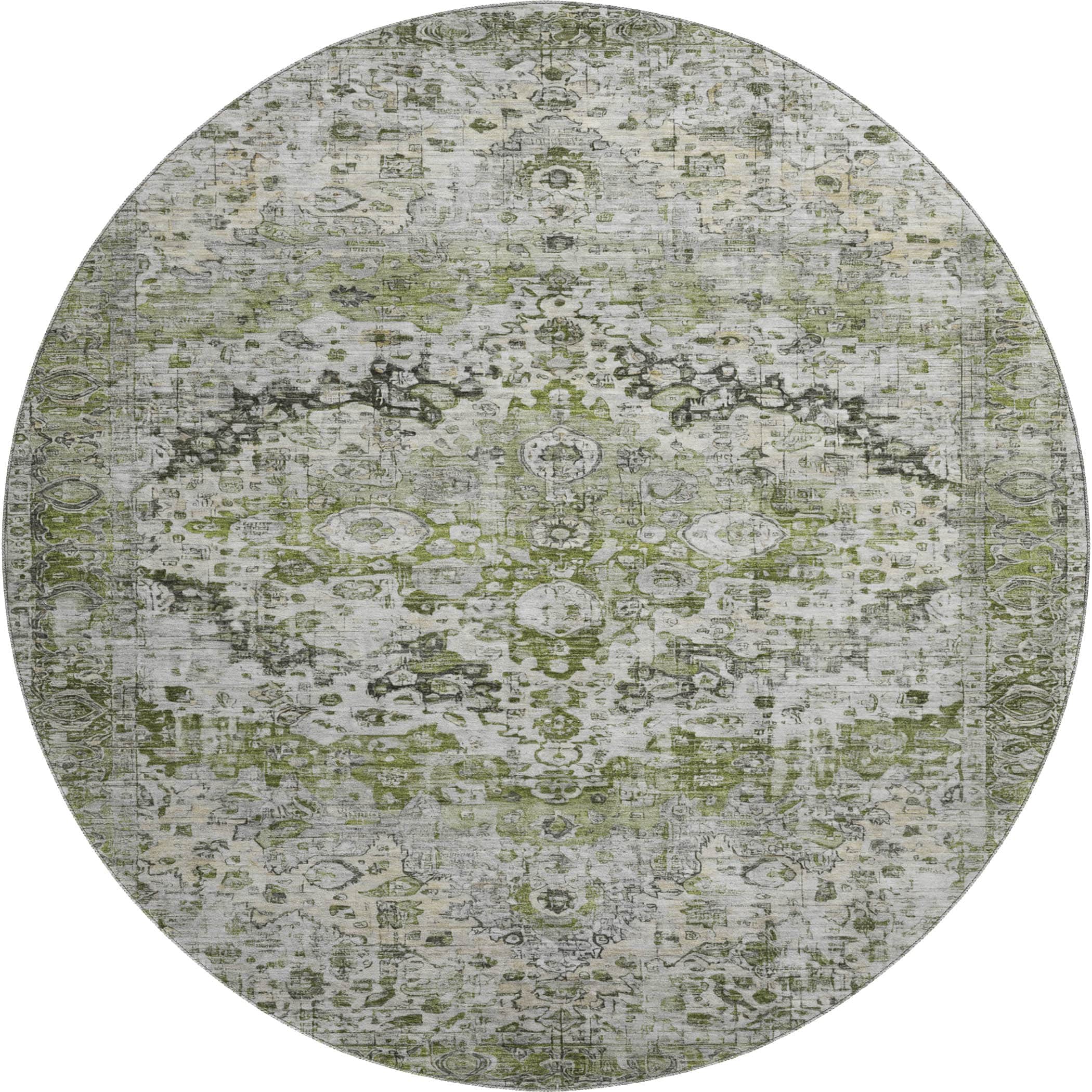 Kotor Machine Washable Traditional Aloe Green Rug 8' x 8' #shape_Round