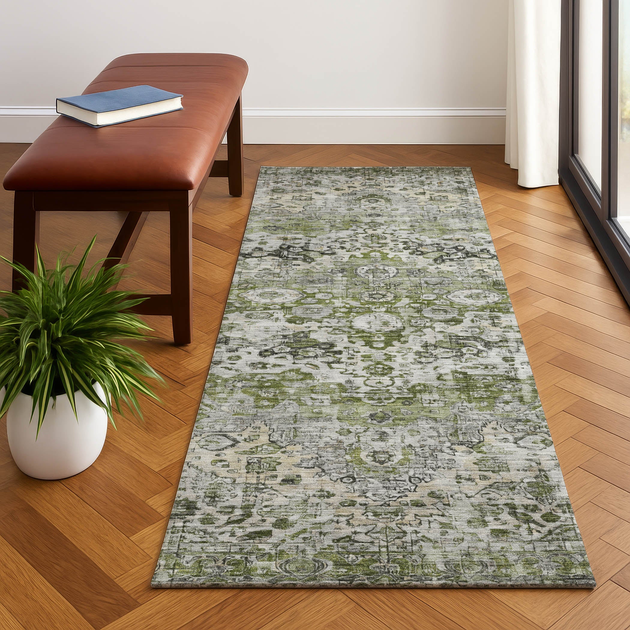Kotor Machine Washable Traditional Aloe Green Rug 2'3" x 7'6" #shape_Runner