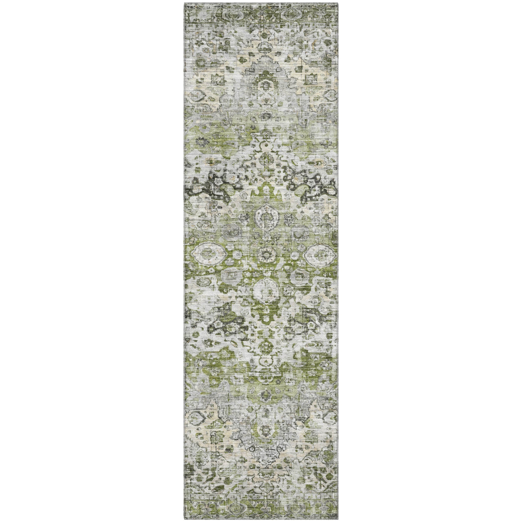 Kotor Machine Washable Traditional Aloe Green Rug 2'3" x 7'6" #shape_Runner