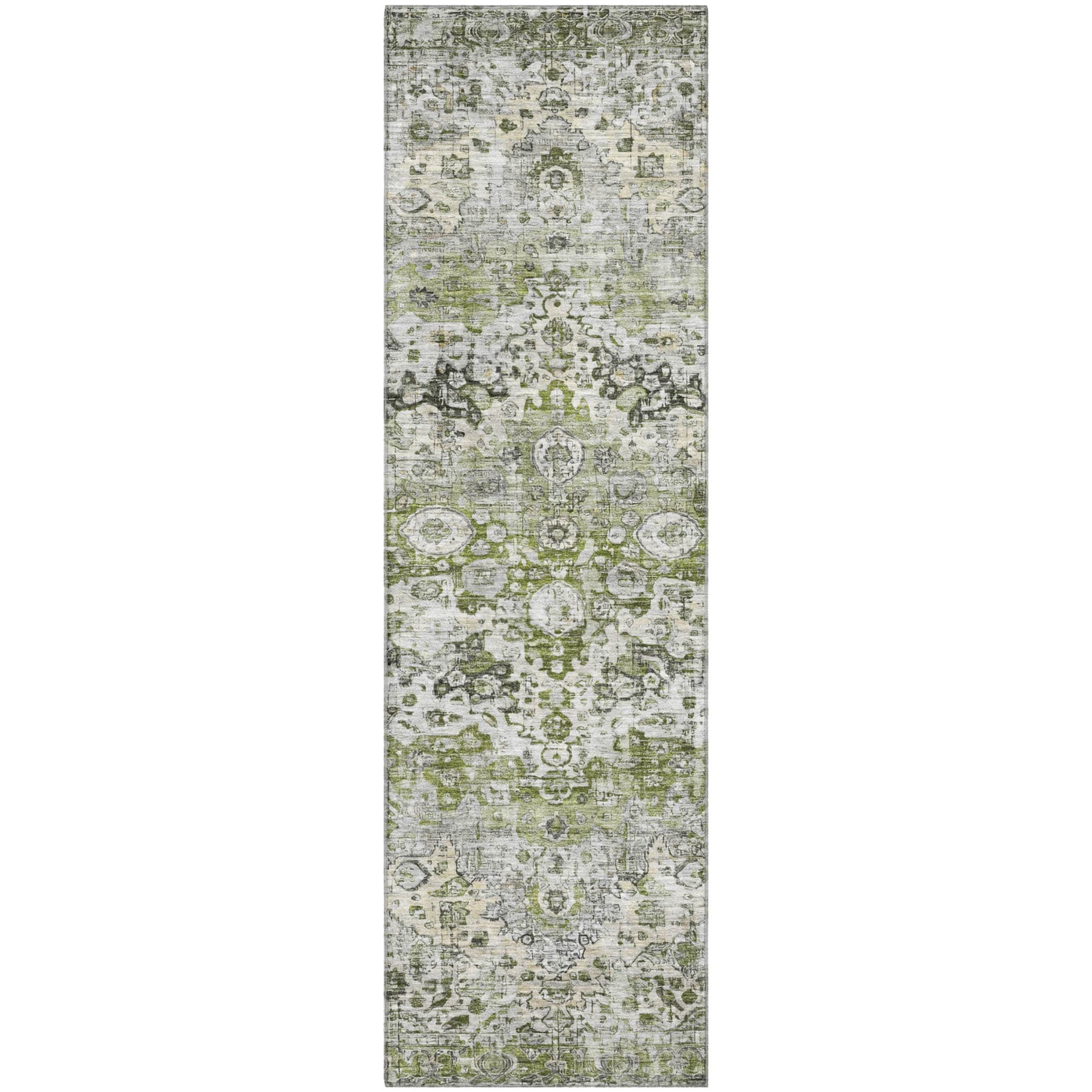 Kotor Machine Washable Traditional Aloe Green Rug 2'3" x 7'6" #shape_Runner