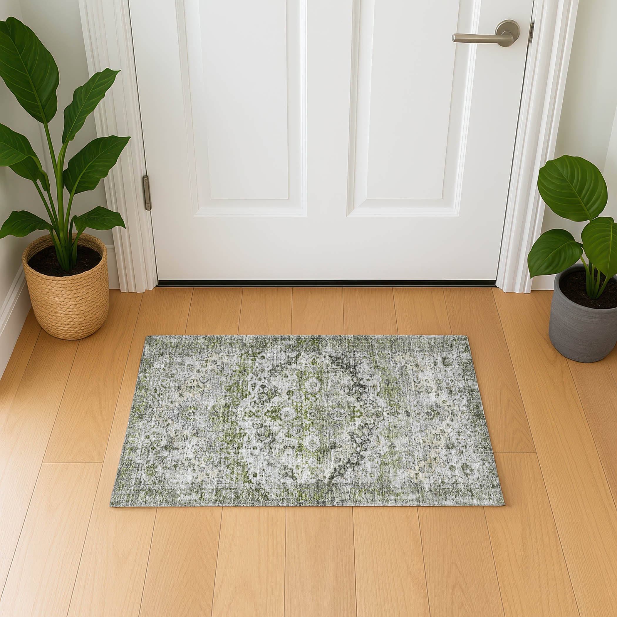 Kotor Machine Washable Traditional Aloe Green Rug 1'8" x 2'6" #shape_Rectangle