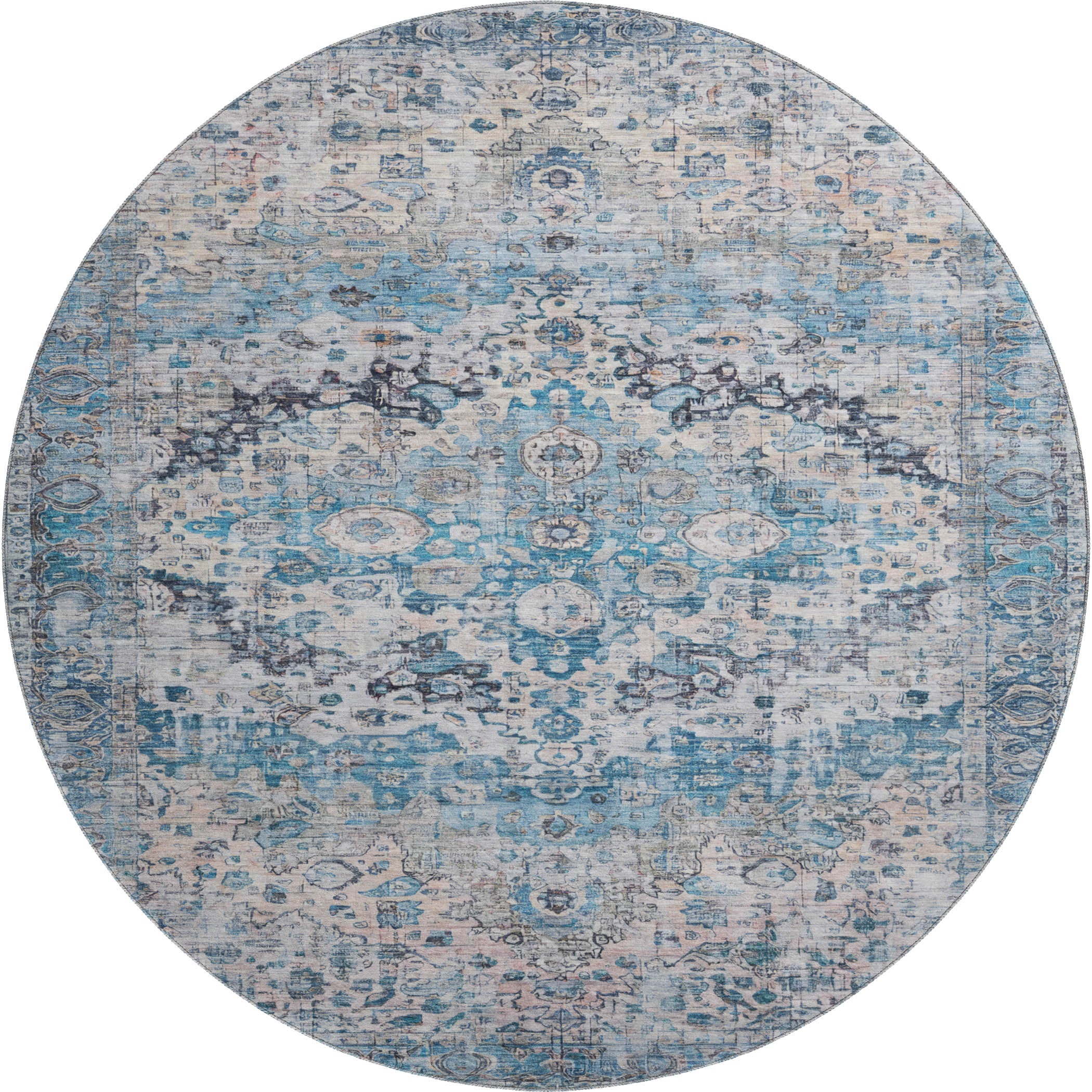 Kotor Machine Washable Traditional Blue Rug 8' x 8' #shape_Round