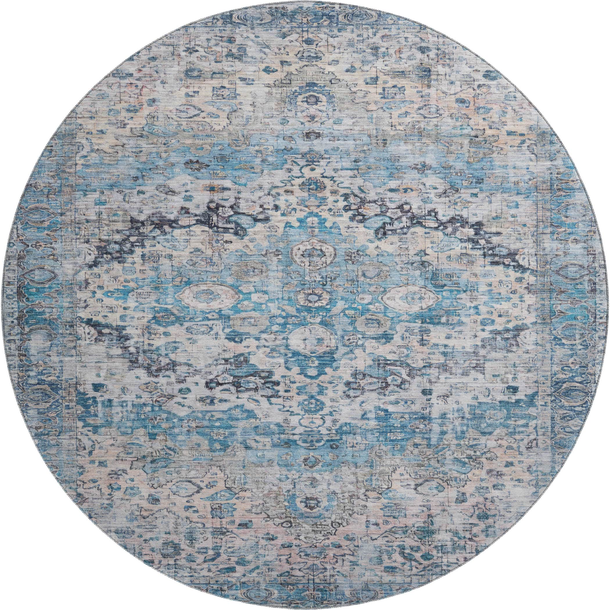 Kotor Machine Washable Traditional Blue Rug 8' x 8' #shape_Round