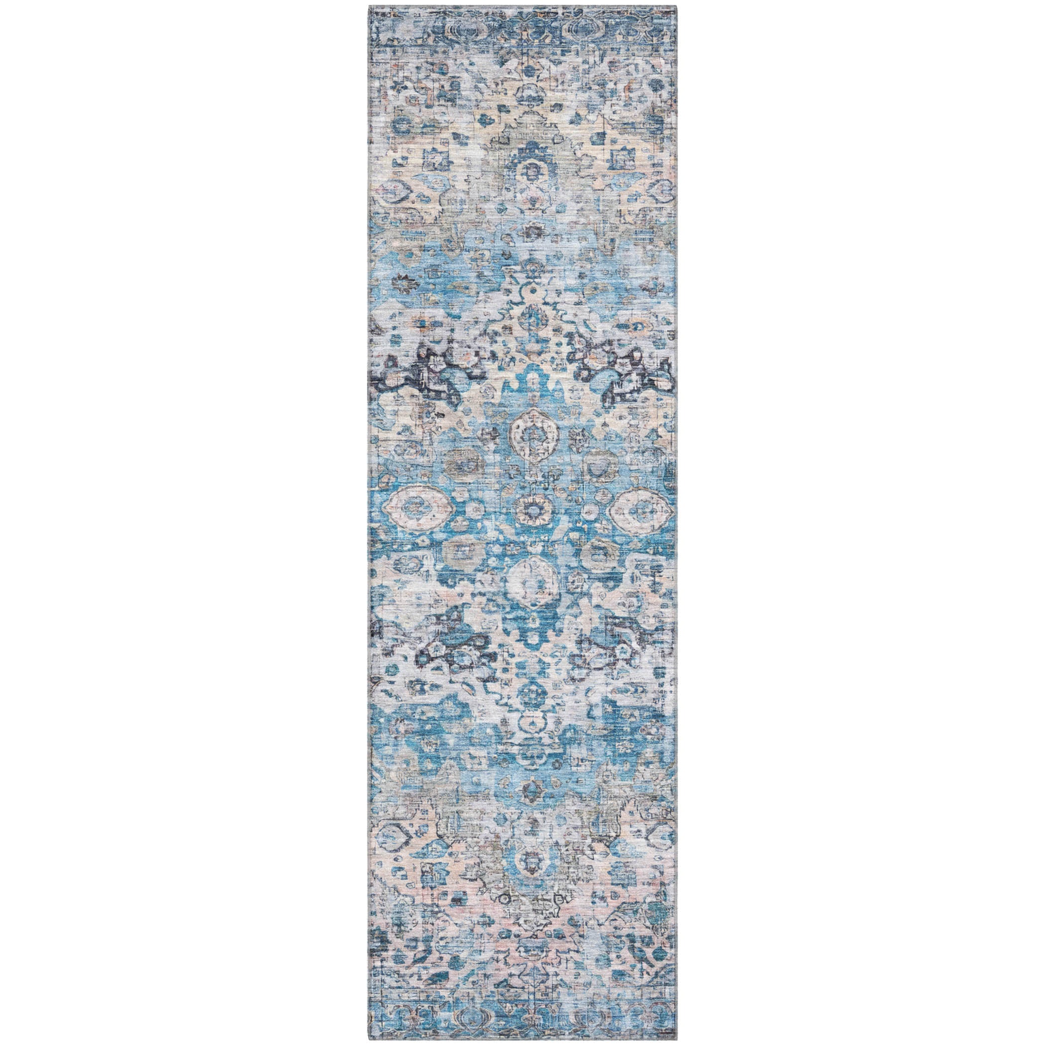 Kotor Machine Washable Traditional Blue Rug 2'3" x 7'6" #shape_Runner
