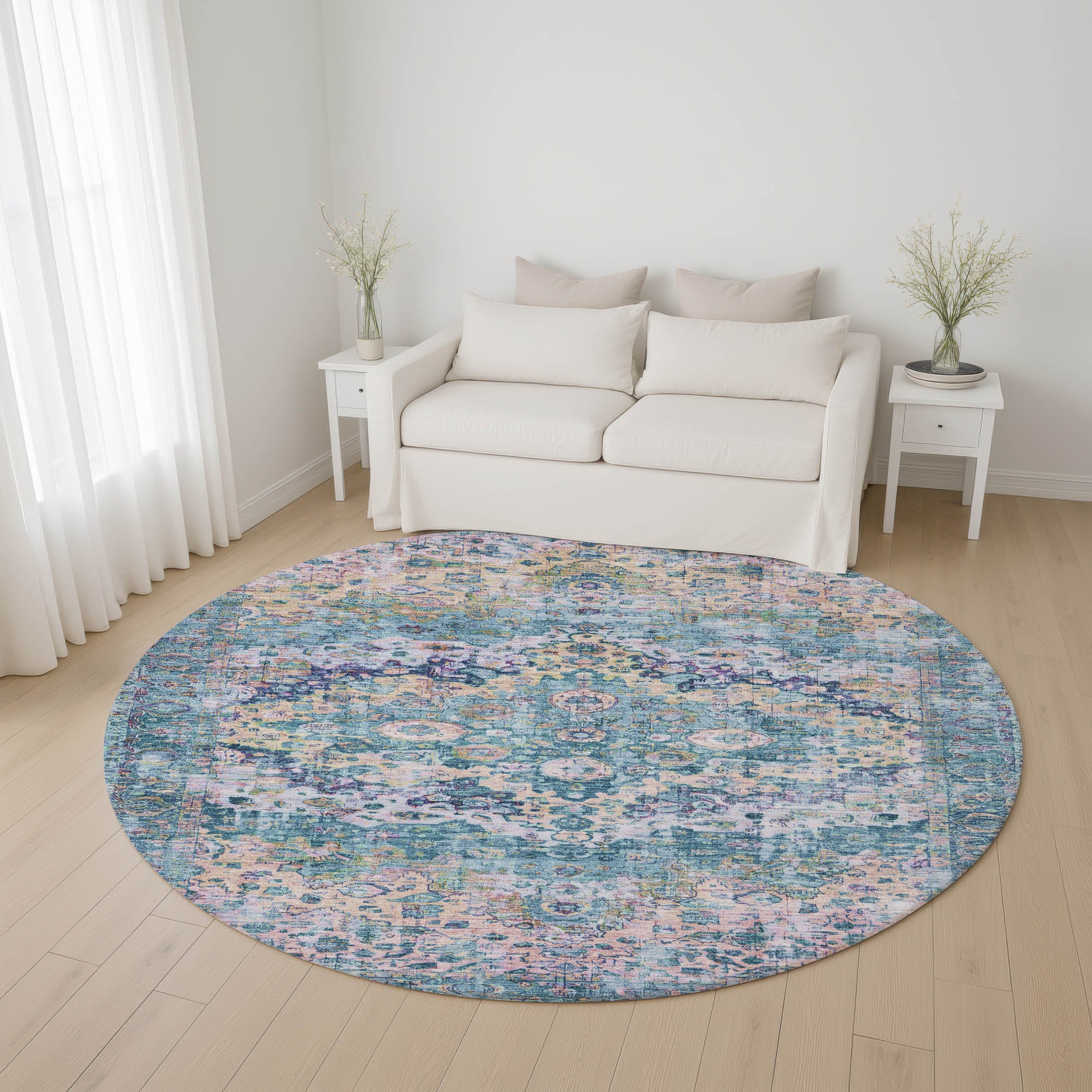 Kotor Machine Washable Traditional Denim Blue Rug 8' x 8' #shape_Round