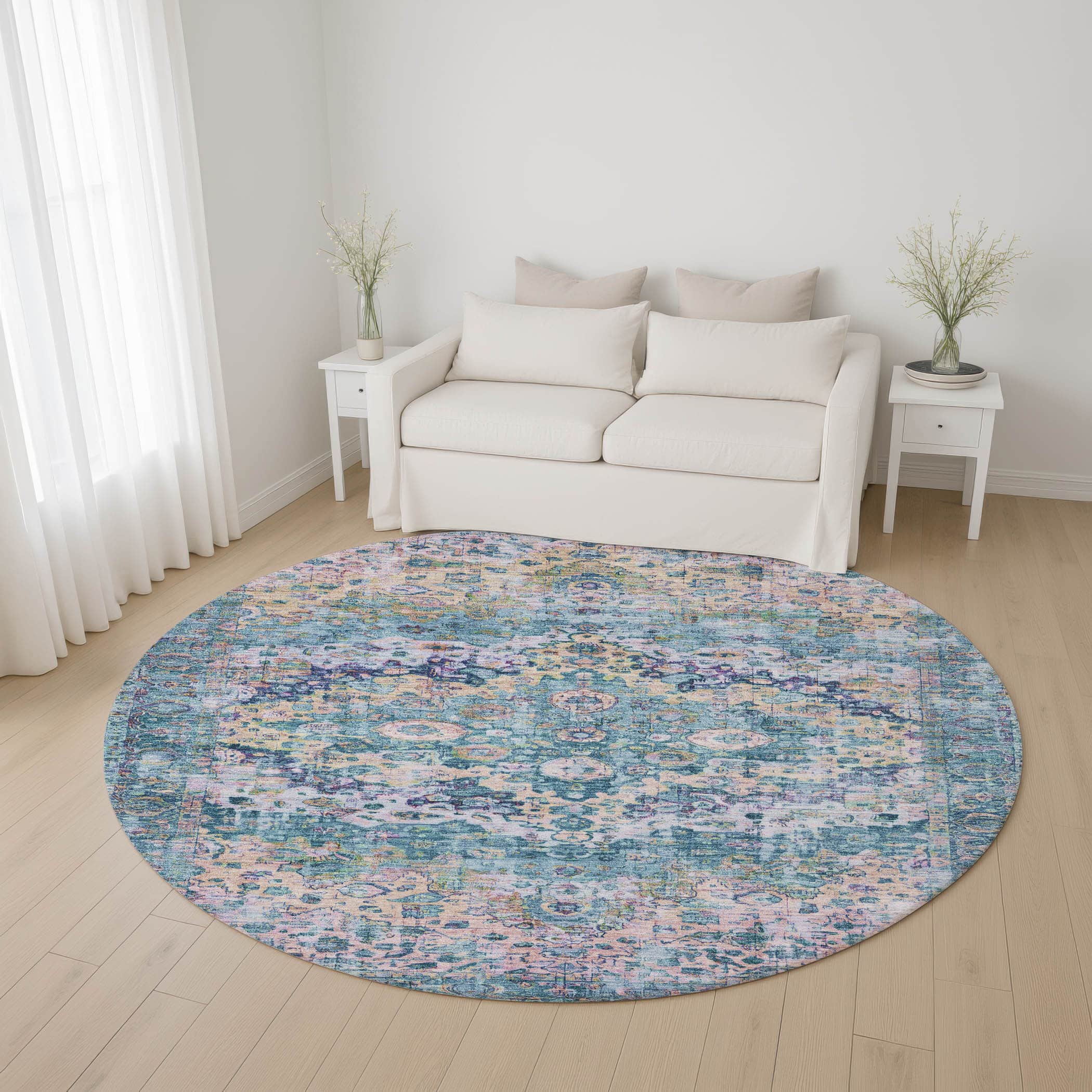 Kotor Machine Washable Traditional Denim Blue Rug 8' x 8' #shape_Round