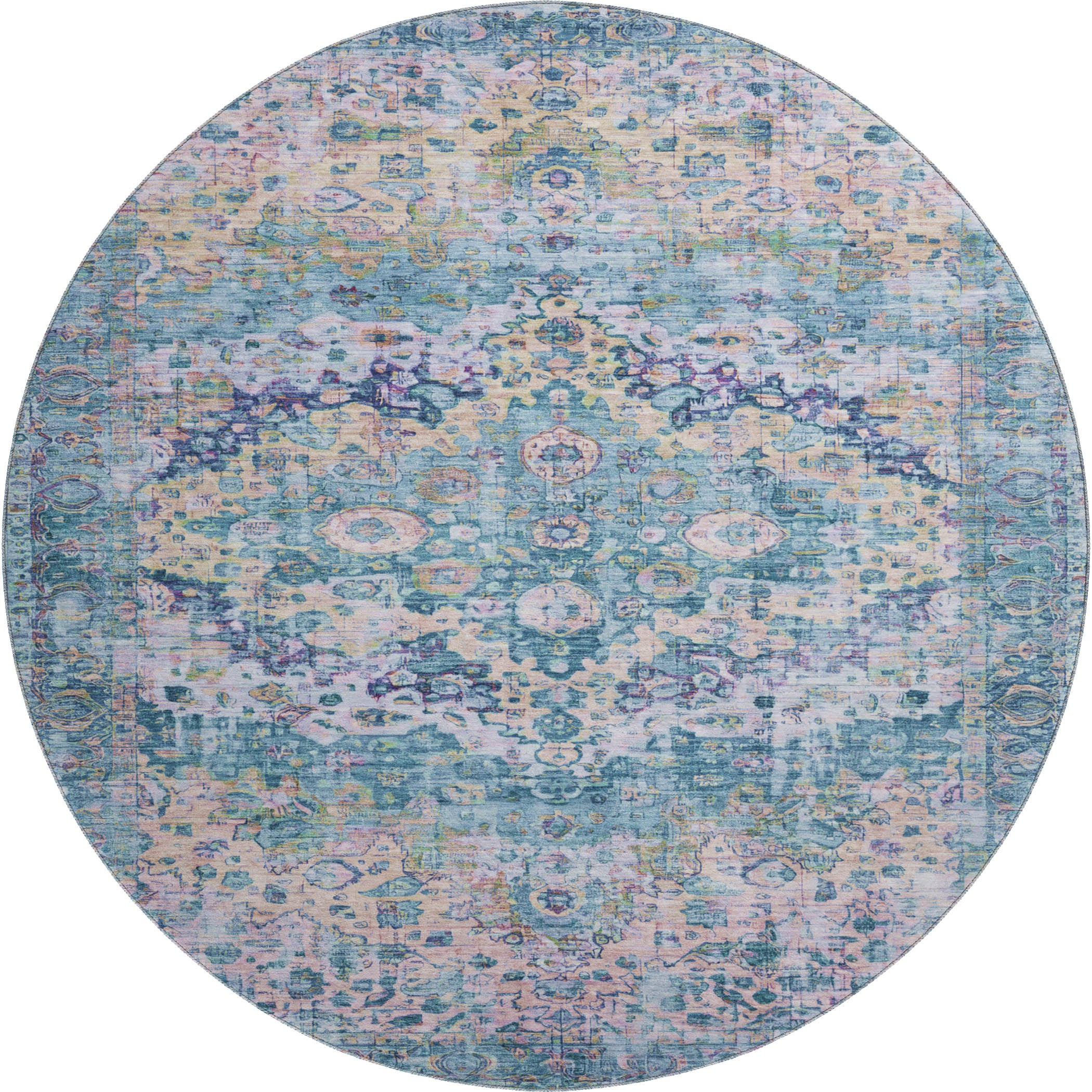 Kotor Machine Washable Traditional Denim Blue Rug 8' x 8' #shape_Round