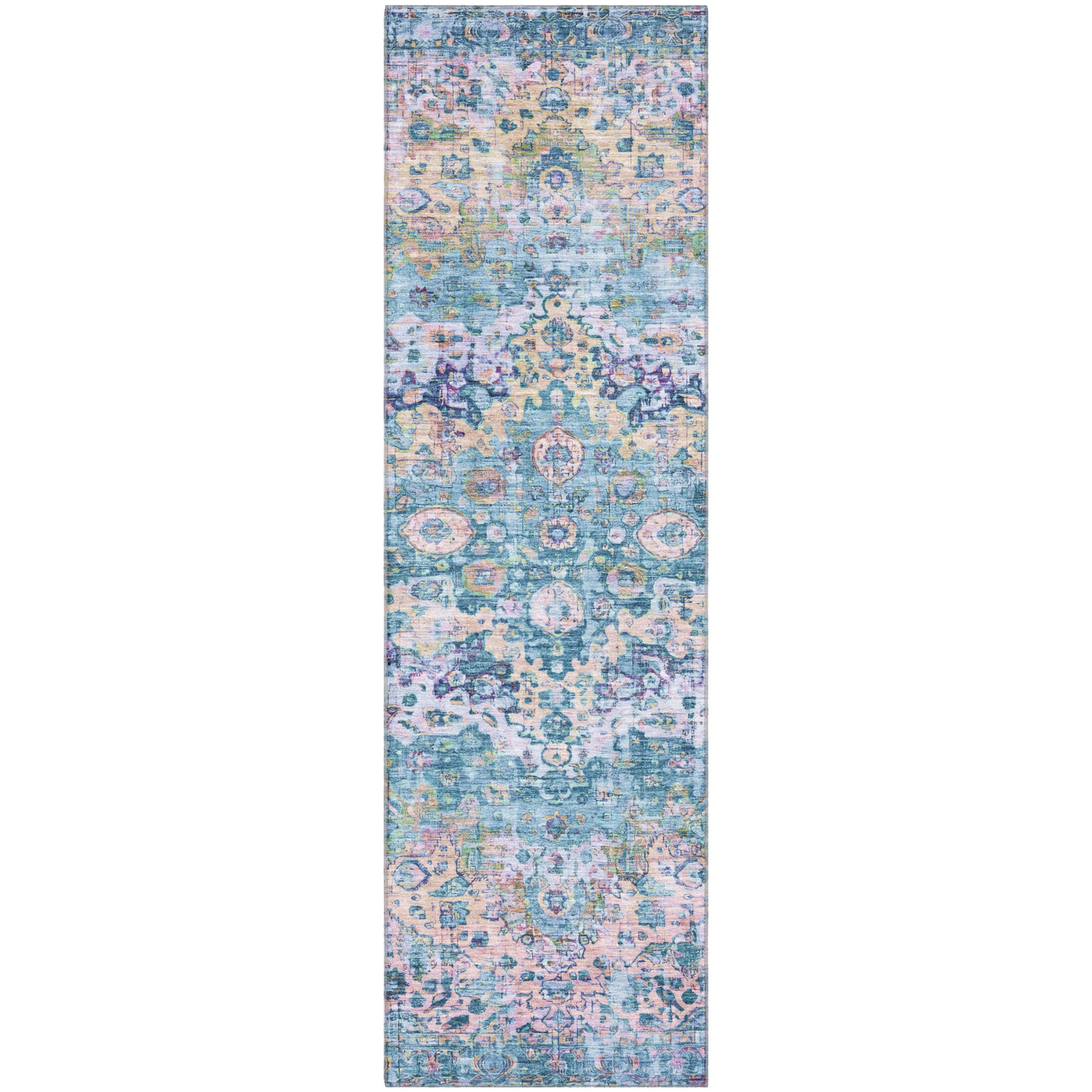 Kotor Machine Washable Traditional Denim Blue Rug 2'3" x 7'6" #shape_Runner
