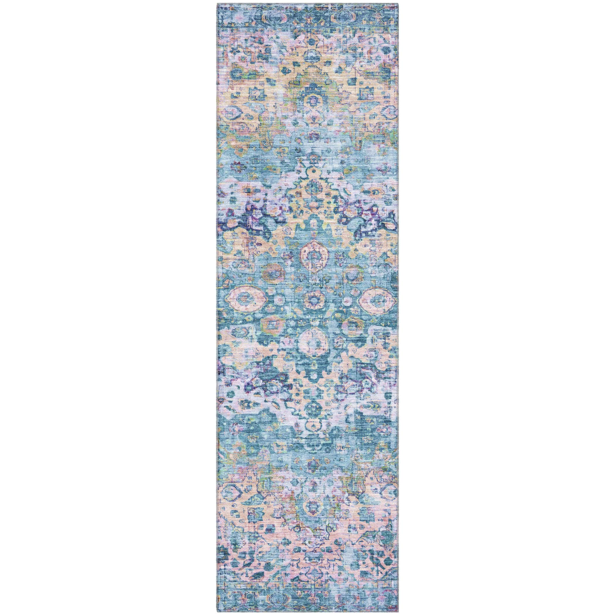 Kotor Machine Washable Traditional Denim Blue Rug 2'3" x 7'6" #shape_Runner