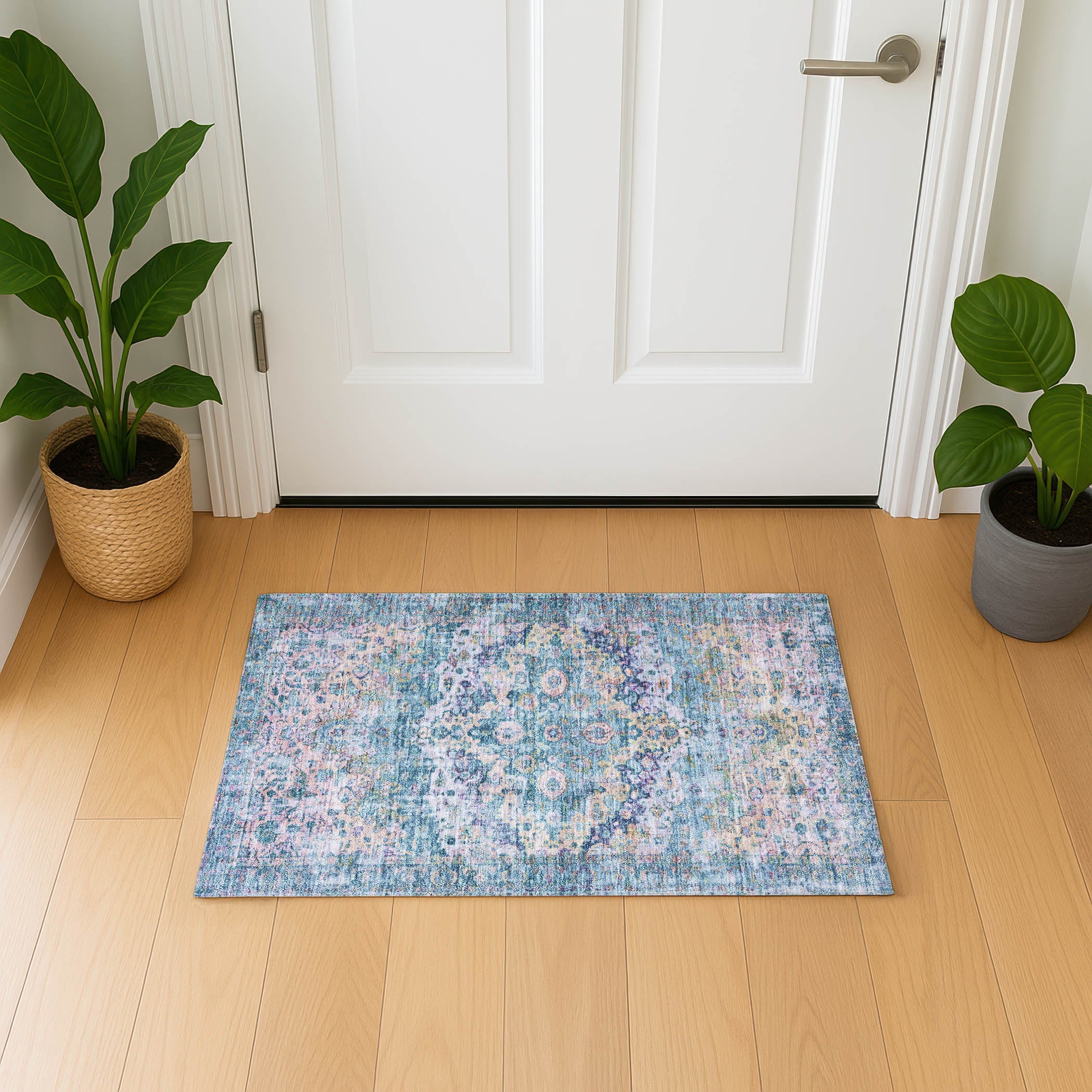 Kotor Machine Washable Traditional Denim Blue Rug 1'8" x 2'6" #shape_Rectangle