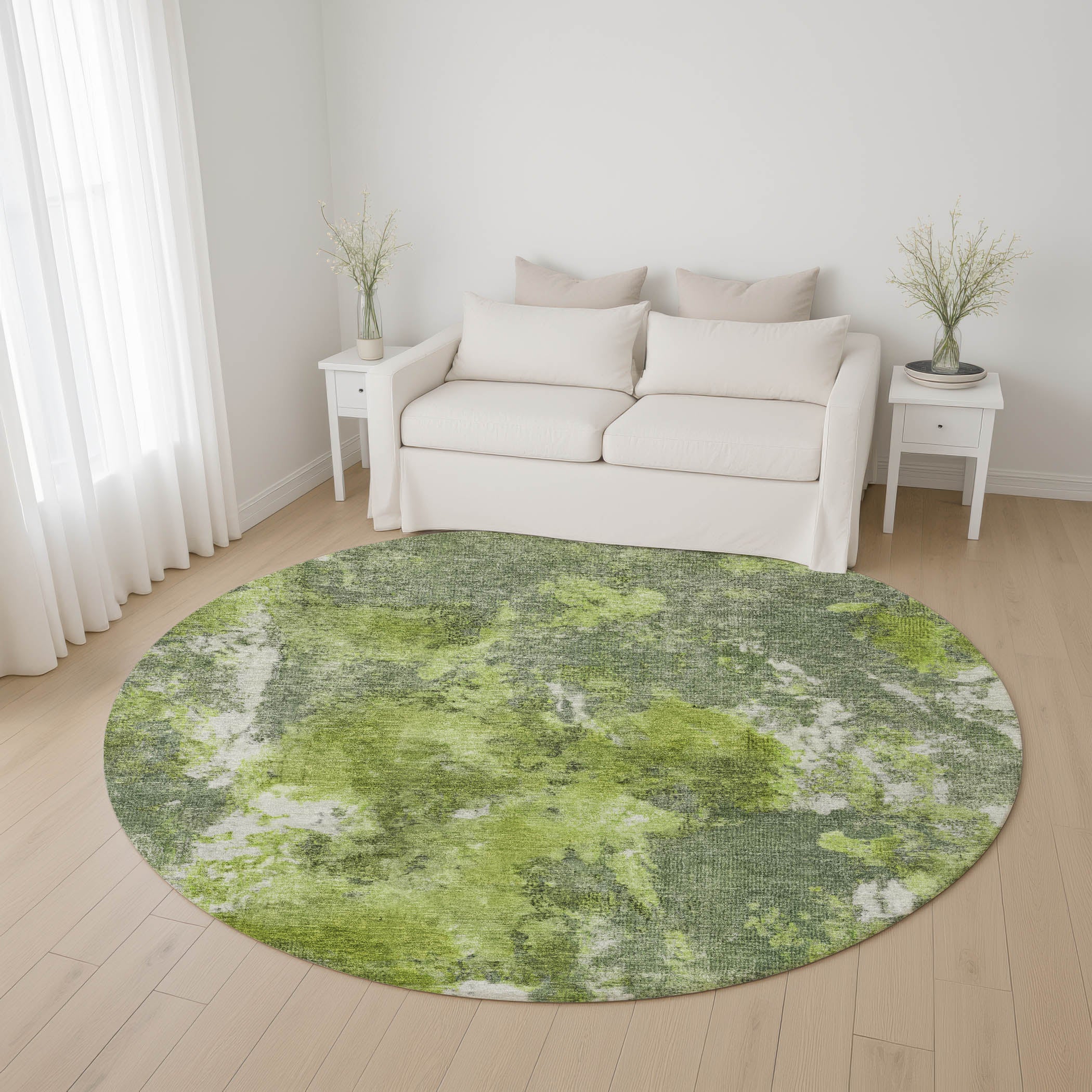Queenstown Machine Washable Transitional Aloe Green Rug 8' x 8' #shape_Round
