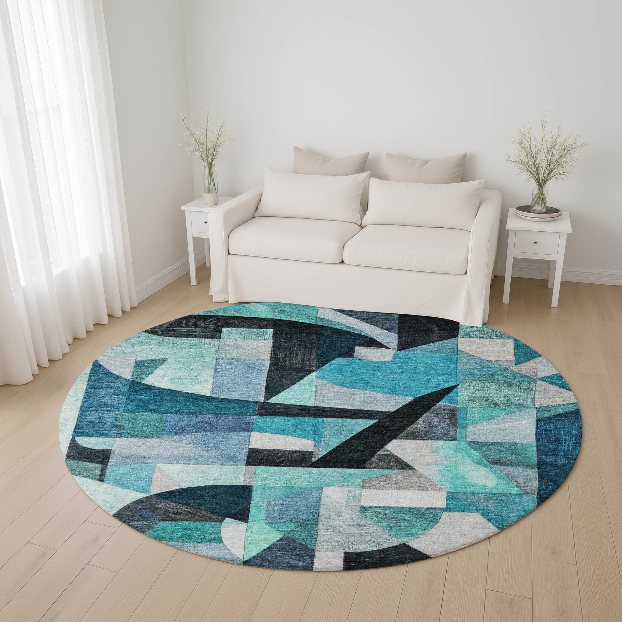 Lucerne Machine Washable Transitional Teal Rug 8' x 8' #shape_Round
