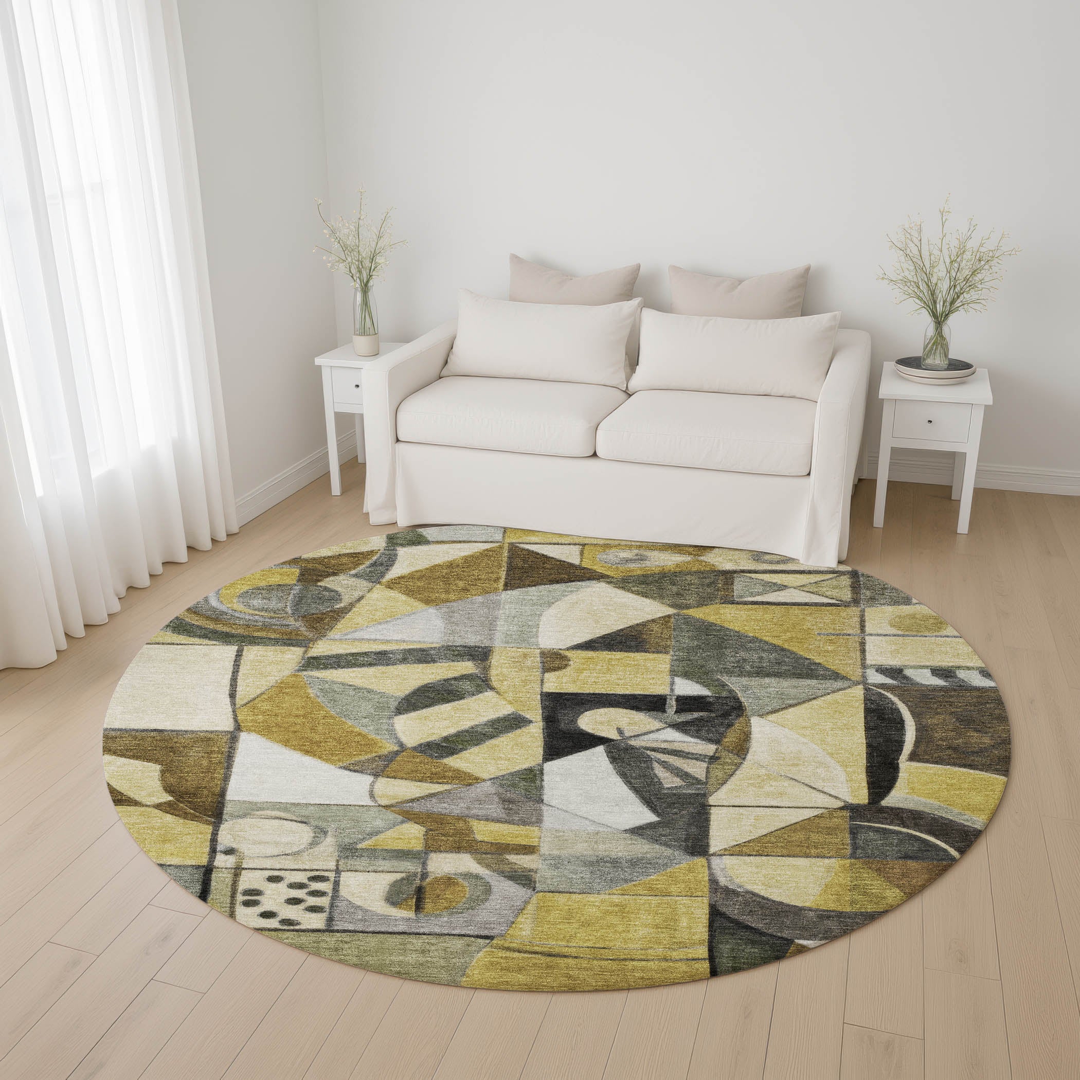 Queenstown Machine Washable Transitional Brown Rug 8' x 8' #shape_Round