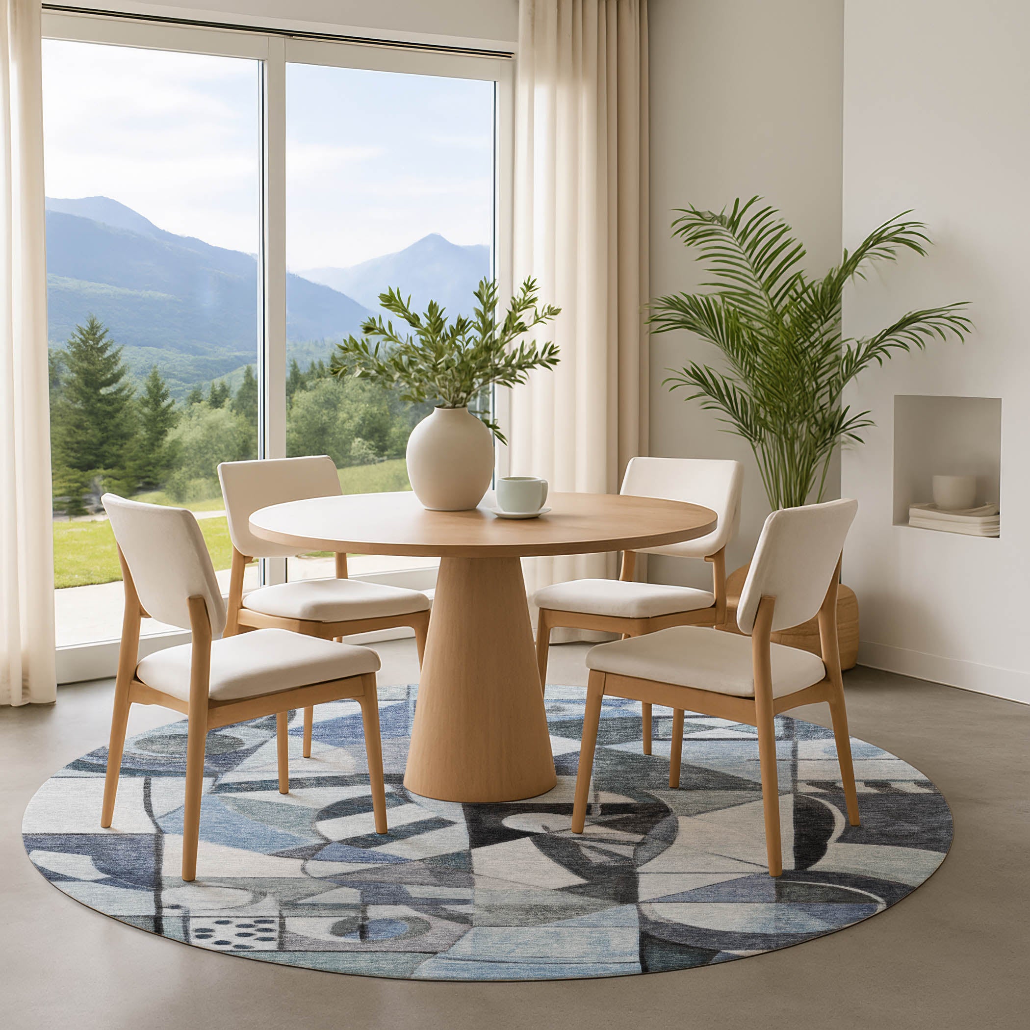 Queenstown Machine Washable Transitional Denim Blue Rug 8' x 8' #shape_Round