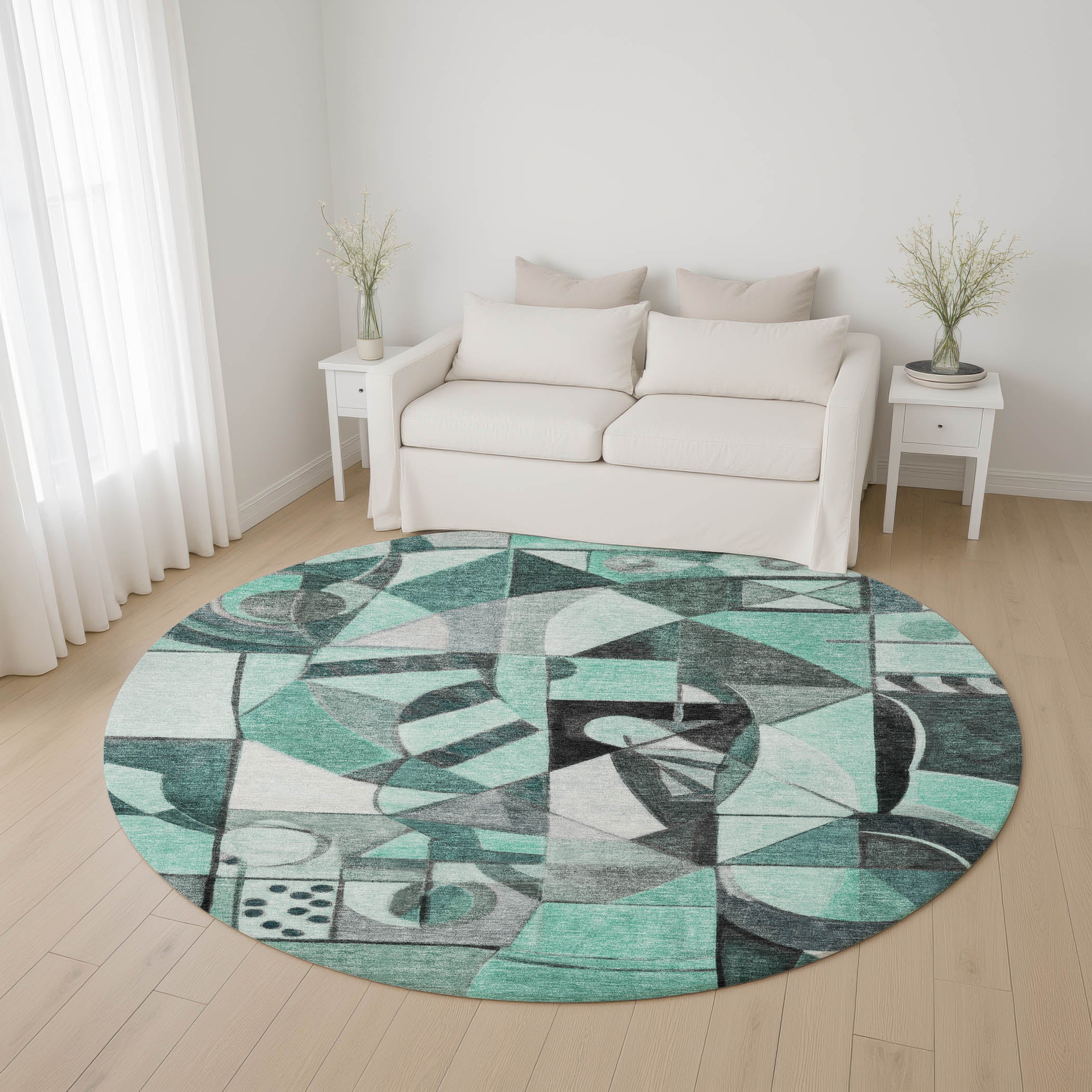 Queenstown Machine Washable Transitional Teal Rug 8' x 8' #shape_Round