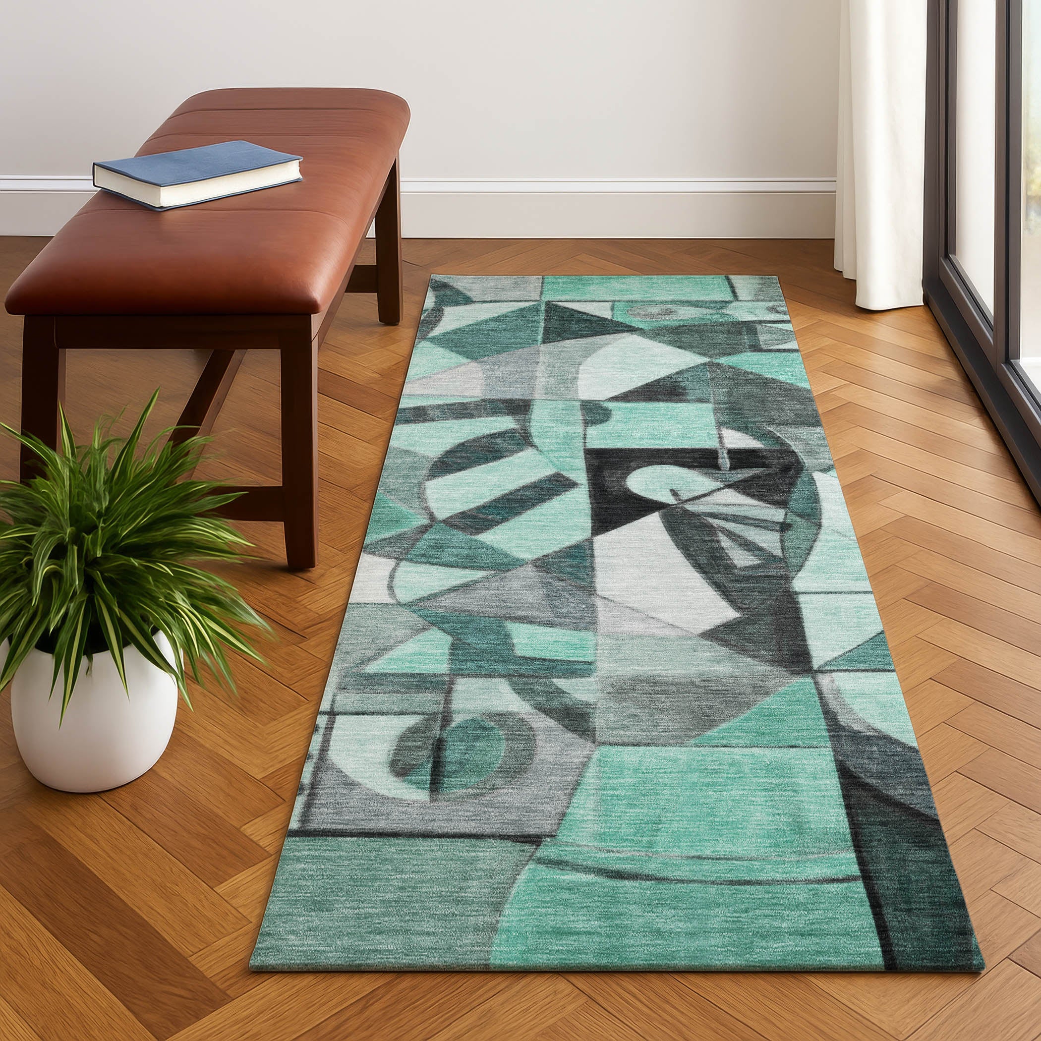 Queenstown Machine Washable Transitional Teal Rug 2'3" x 7'6" #shape_Runner