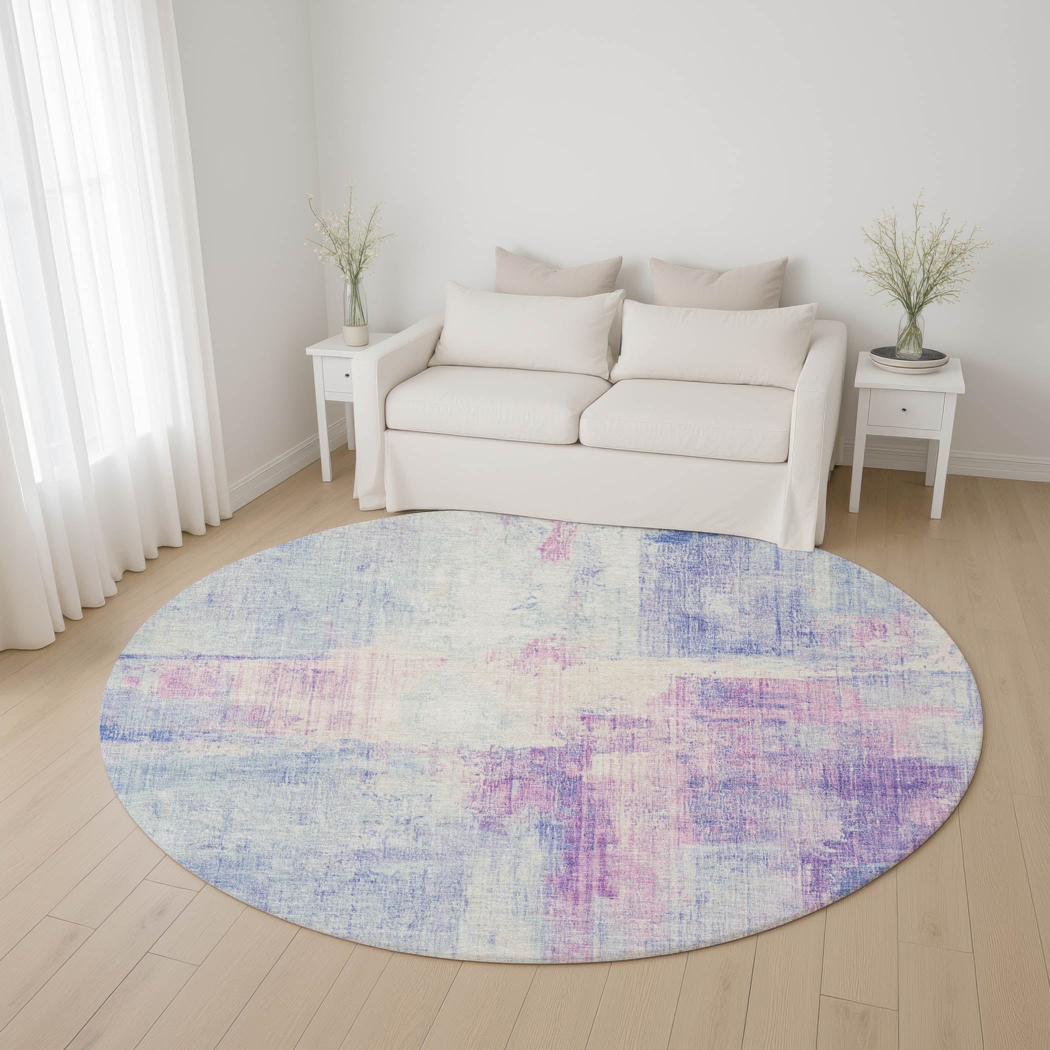 Luang Prabang Machine Washable Transitional Sky Blue Rug 8' x 8' #shape_Round