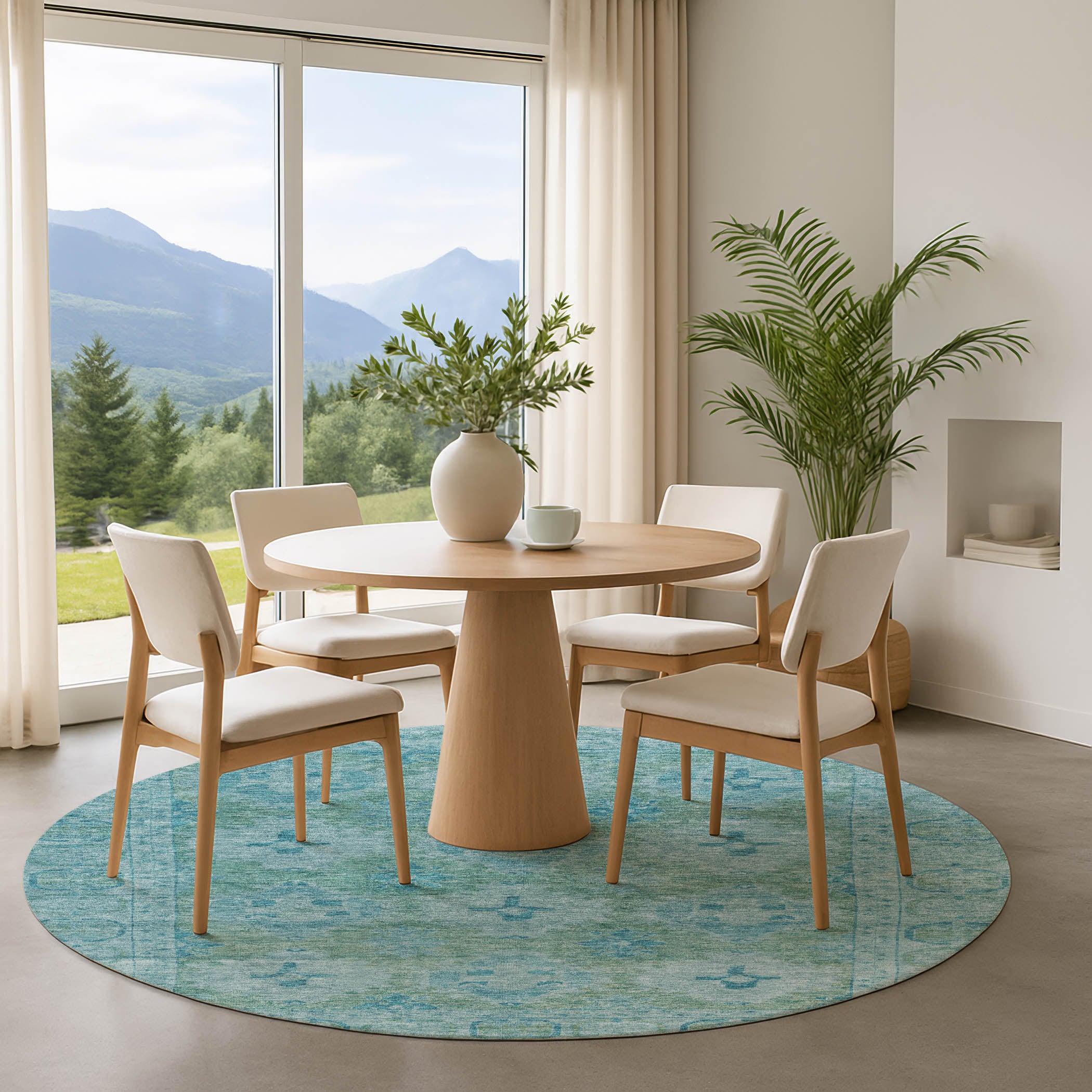 Chiang Mai Machine Washable Transitional Teal Rug 8' x 8' #shape_Round