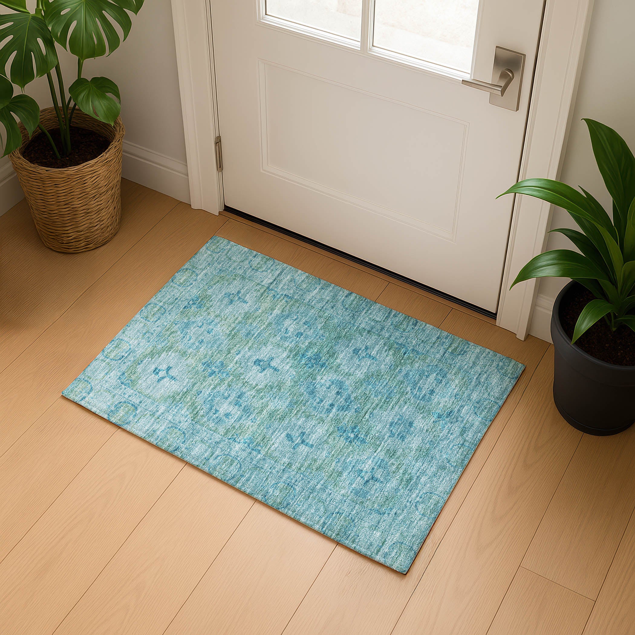 Chiang Mai Machine Washable Transitional Teal Rug 1'8" x 2'6" #shape_Rectangle