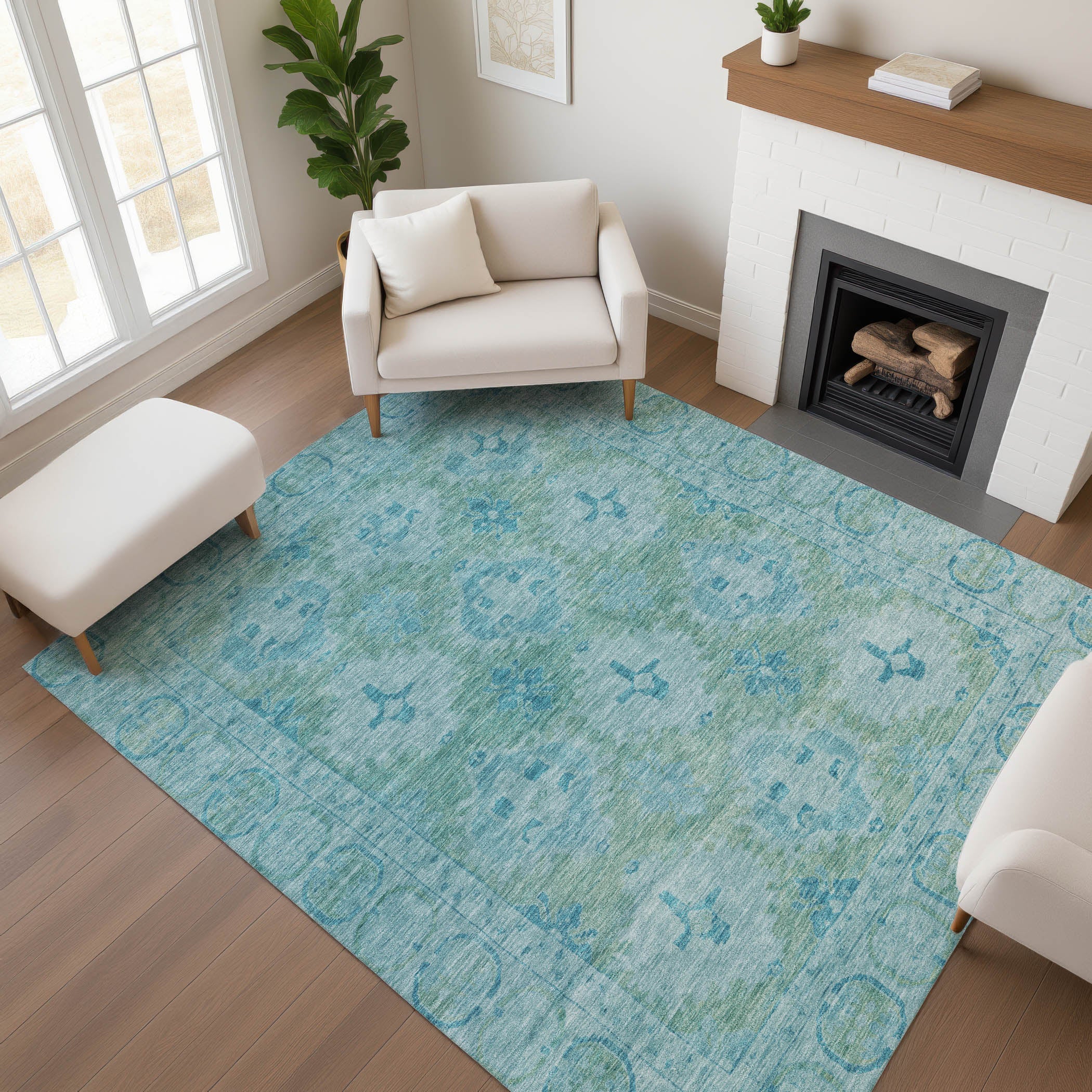 Chiang Mai Machine Washable Transitional Teal Rug 2'6" x 3'10" #shape_Rectangle