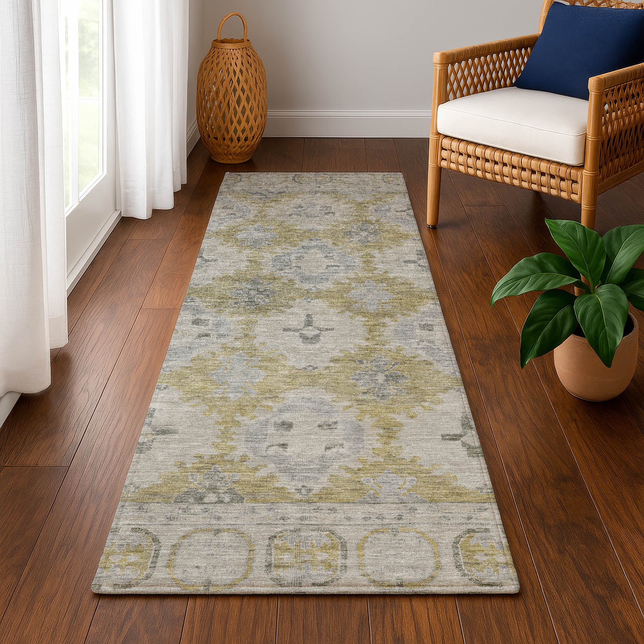 Chiang Mai Machine Washable Transitional Wheat Gold Rug 2'3" x 7'6" #shape_Runner