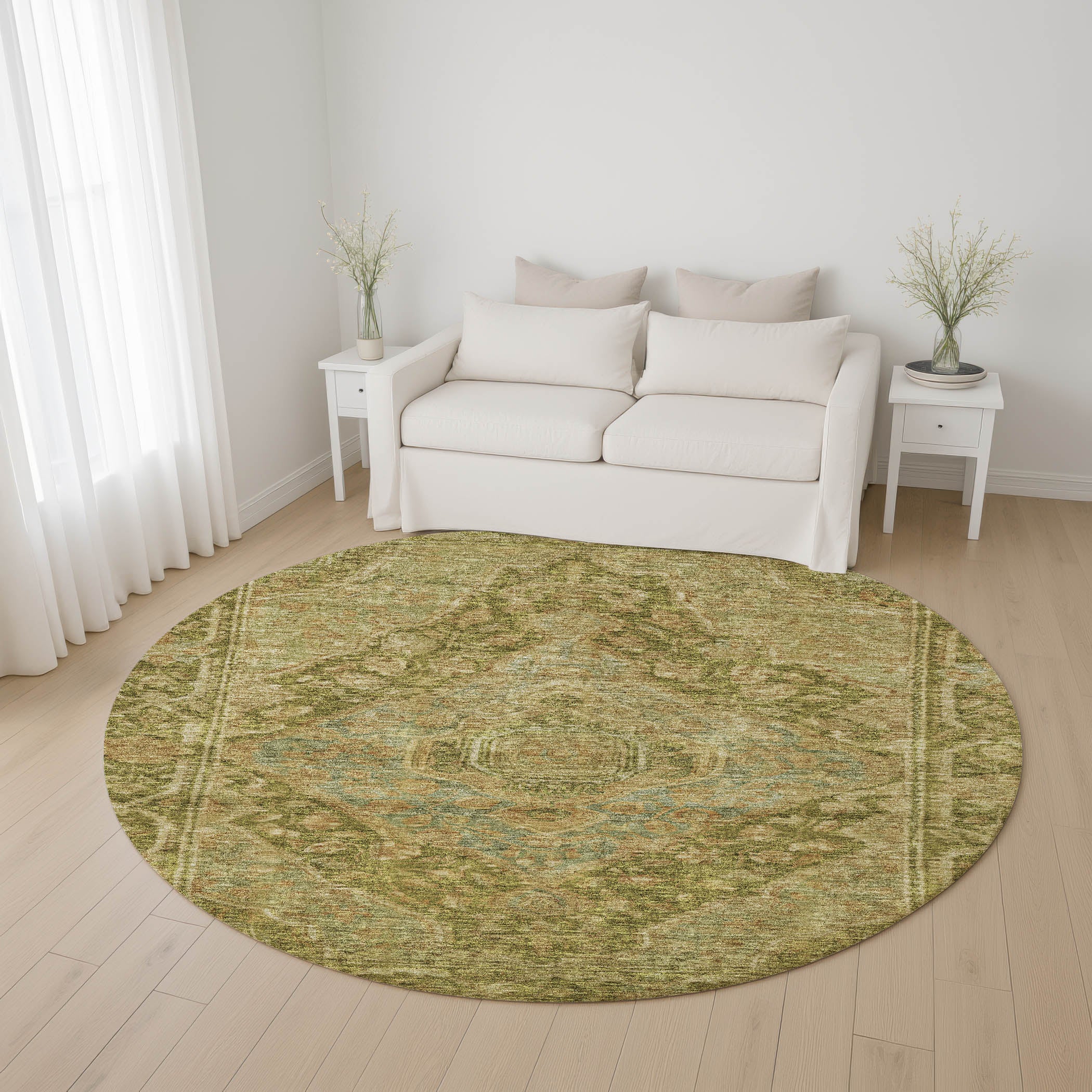 Porto Machine Washable Traditional Aloe Green Rug 8' x 8' #shape_Round