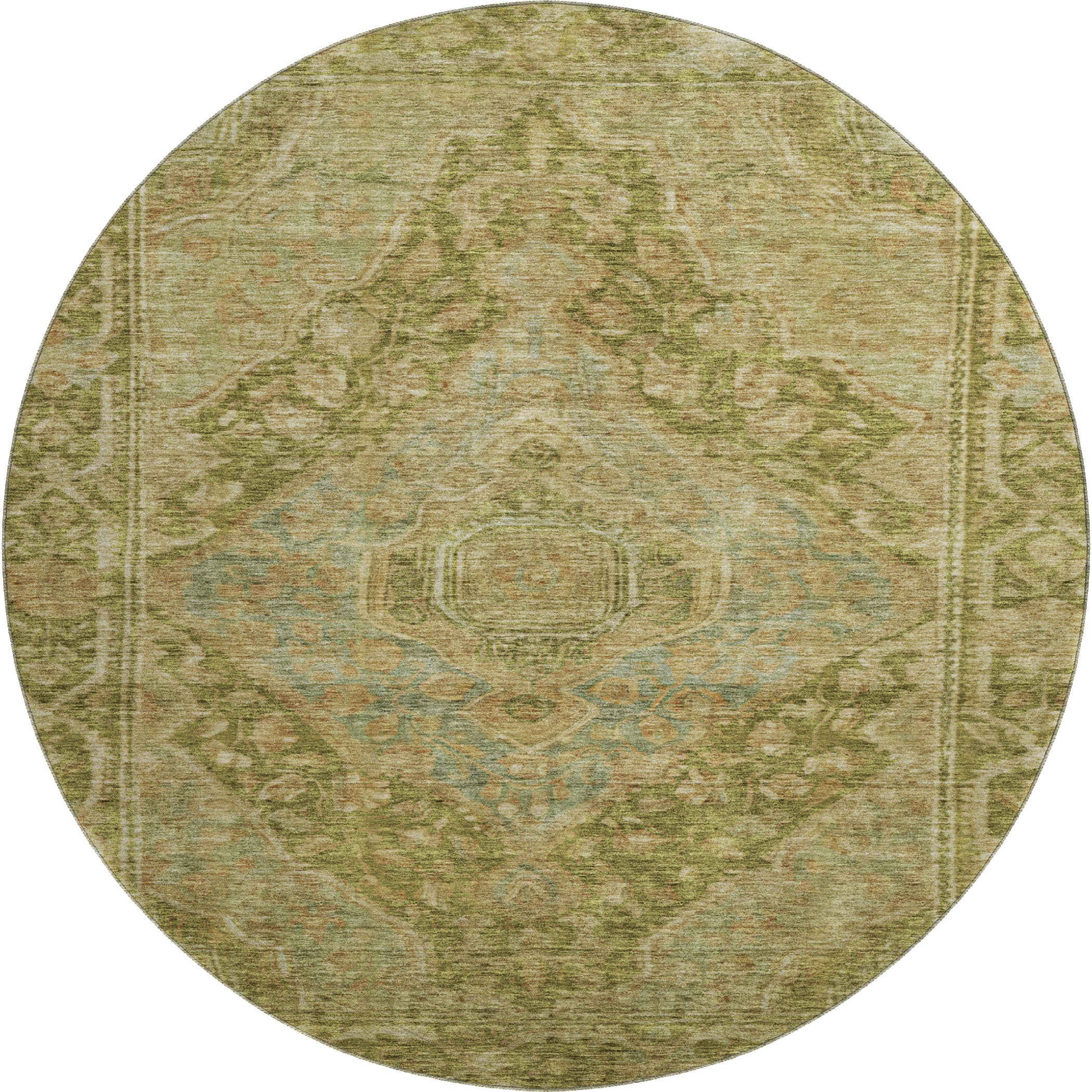 Porto Machine Washable Traditional Aloe Green Rug 8' x 8' #shape_Round