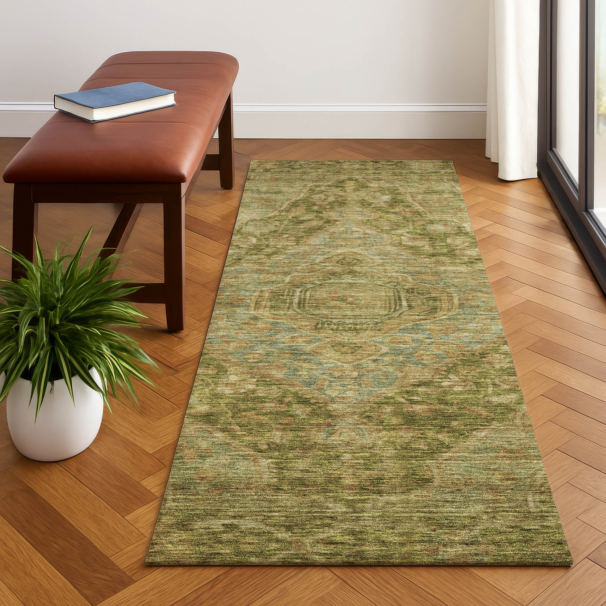 Porto Machine Washable Traditional Aloe Green Rug 2'3" x 7'6" #shape_Runner